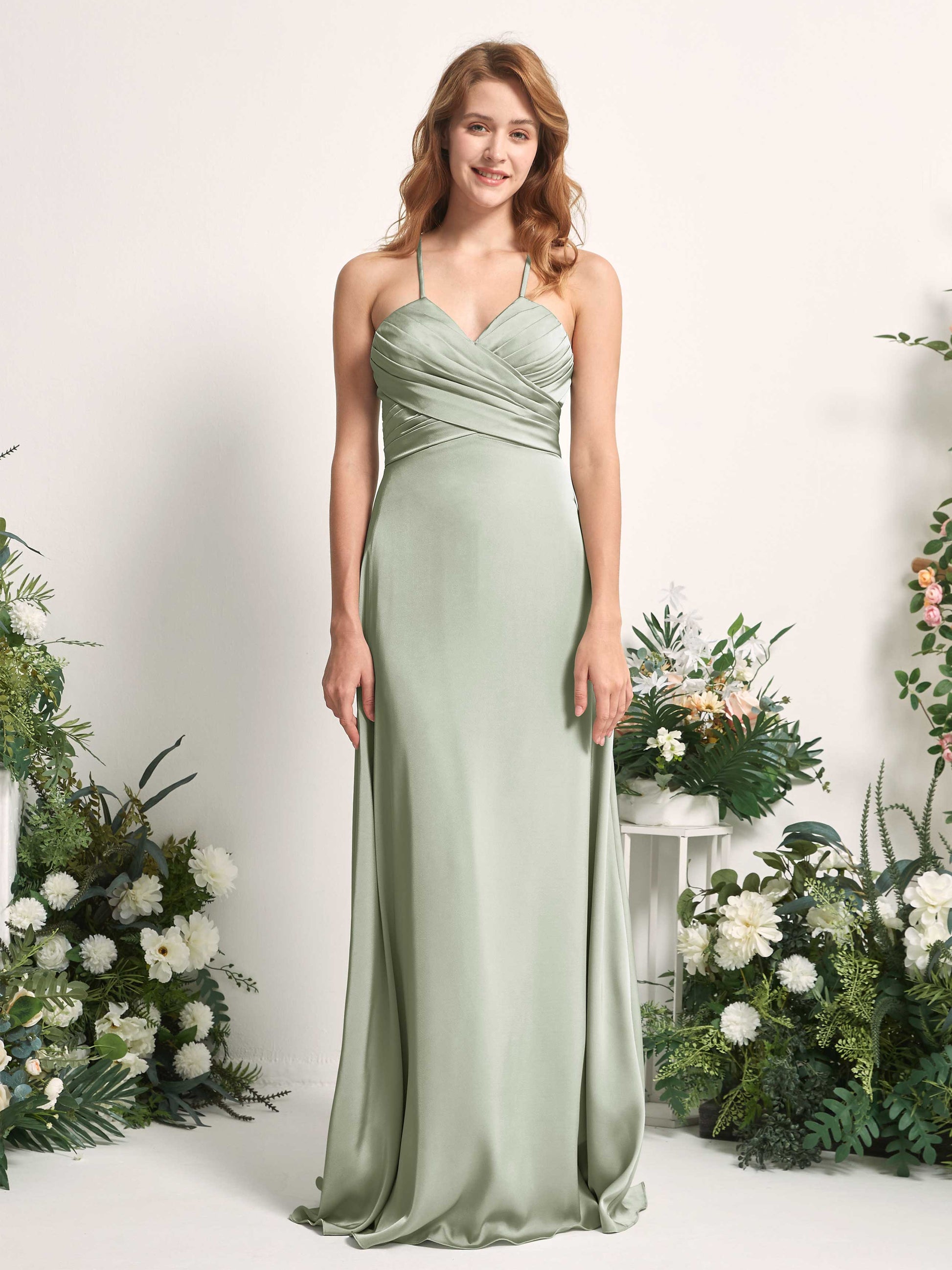 Allison Sage Green Satin Sleeveless Maxi Dress