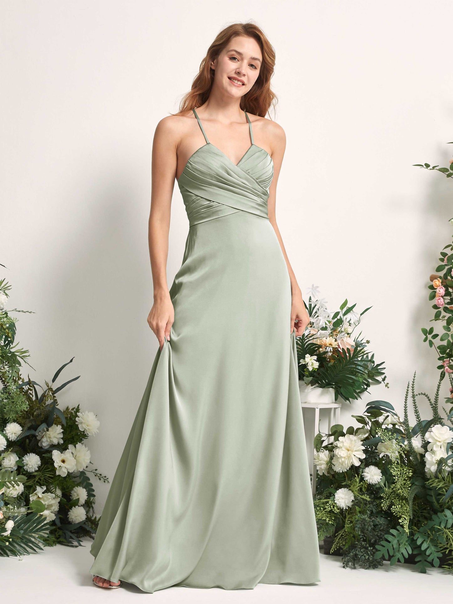 Allison Sage Green Satin Sleeveless Maxi Dress