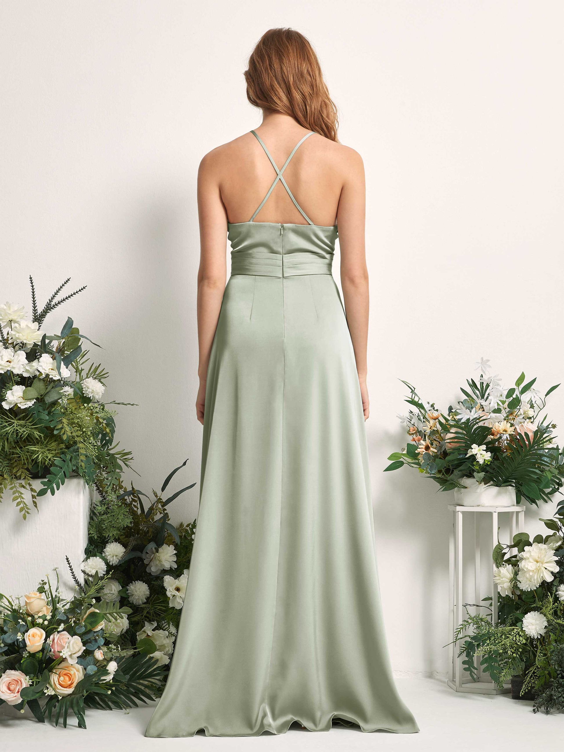 Allison Sage Green Satin Sleeveless Maxi Dress