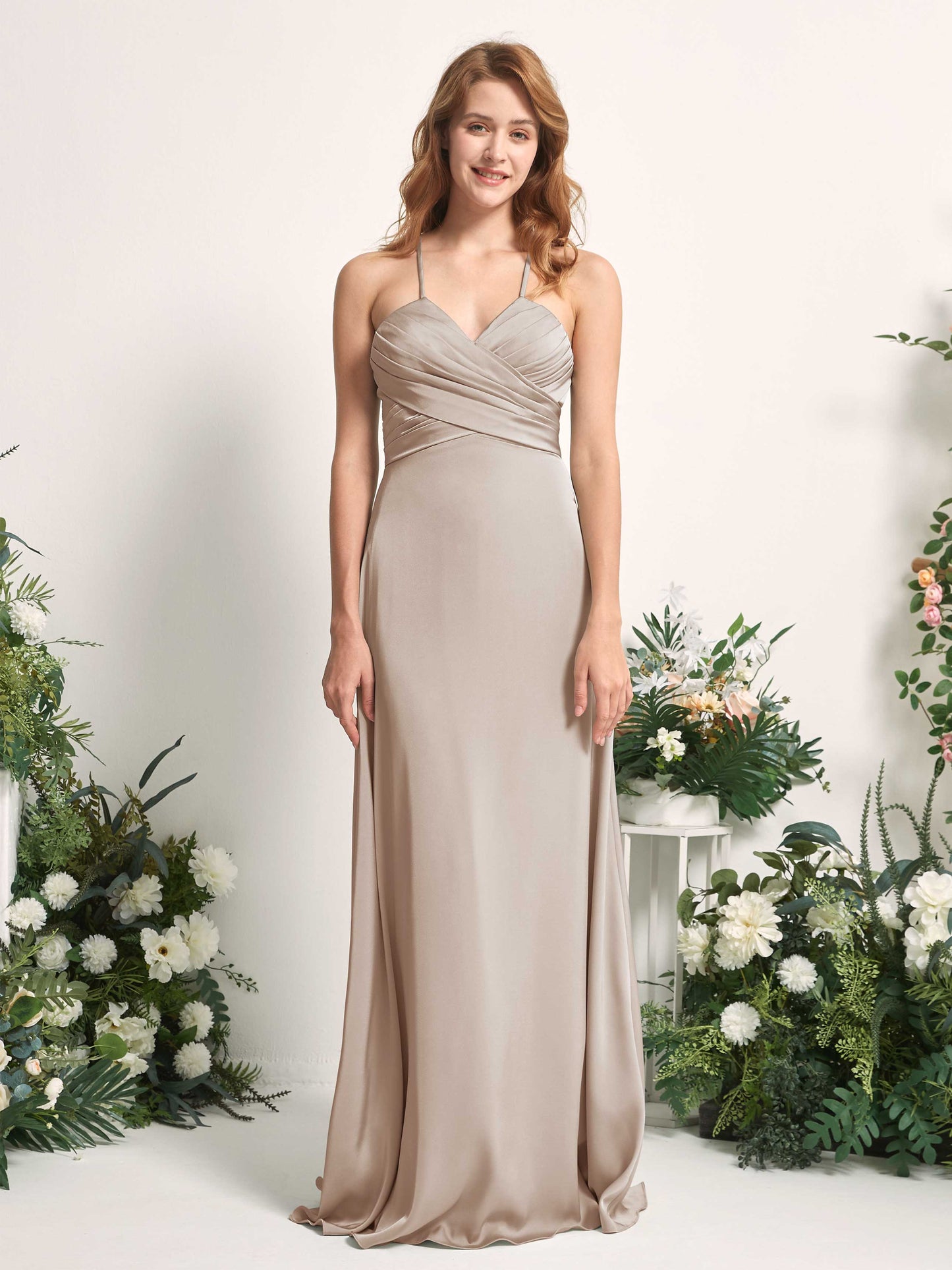 Allison Taupe Satin Sleeveless Maxi Dress