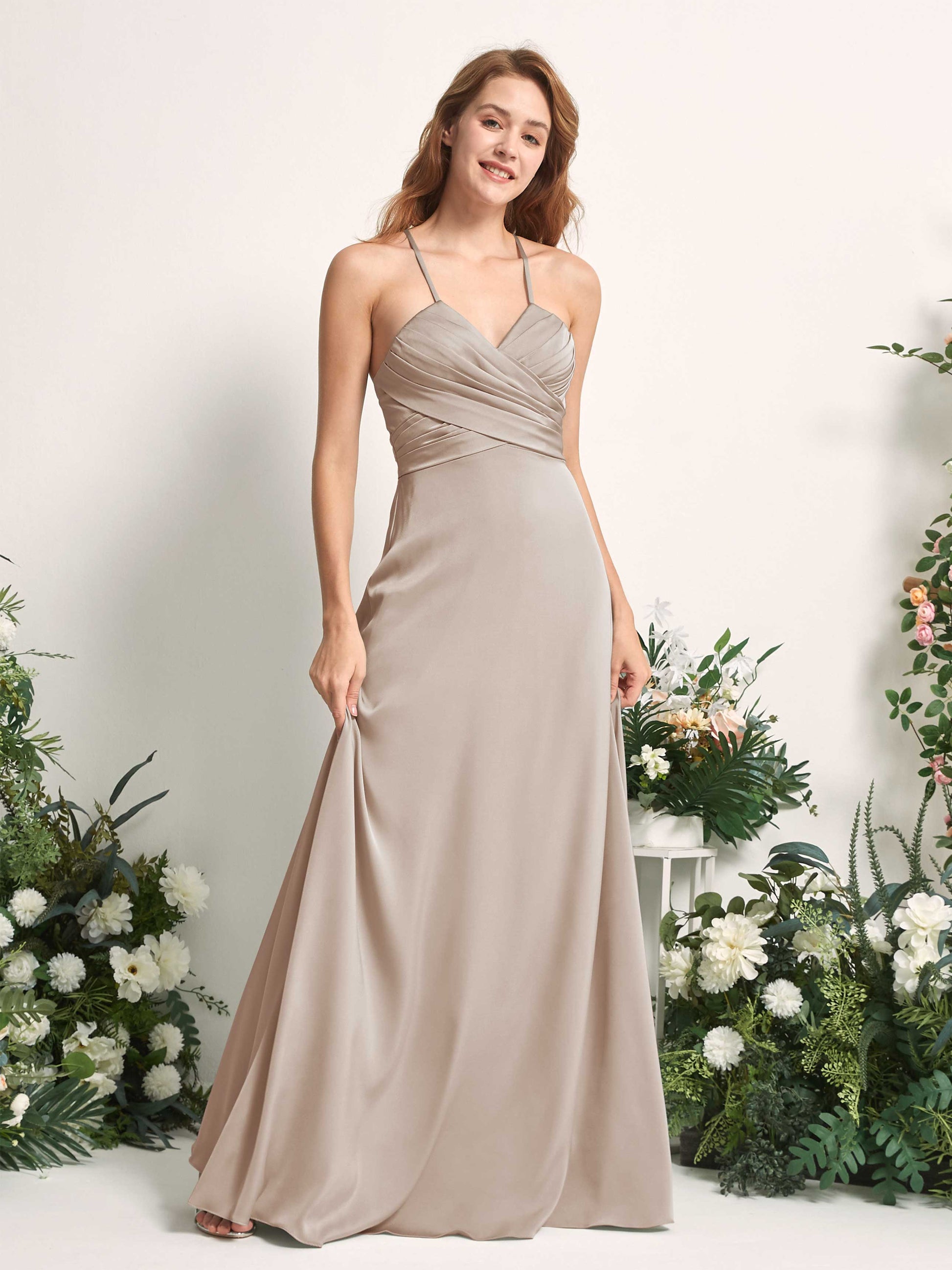 Allison Taupe Satin Sleeveless Maxi Dress