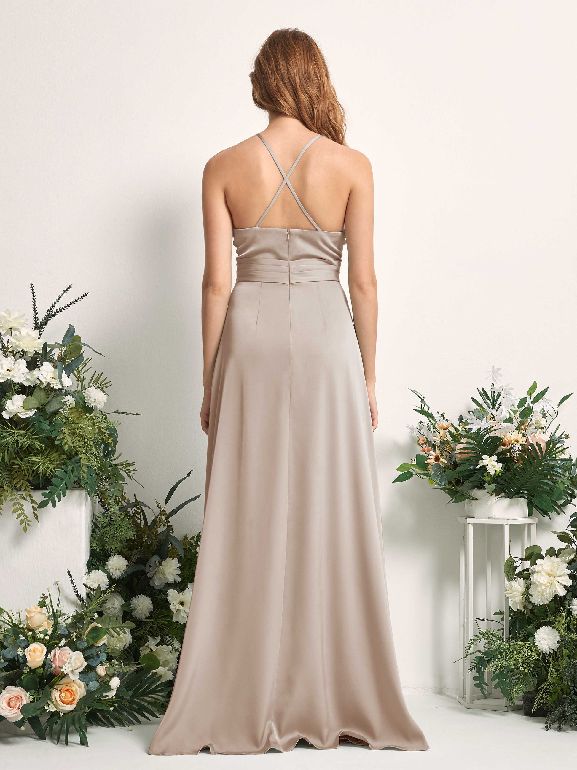 Allison Taupe Satin Sleeveless Maxi Dress