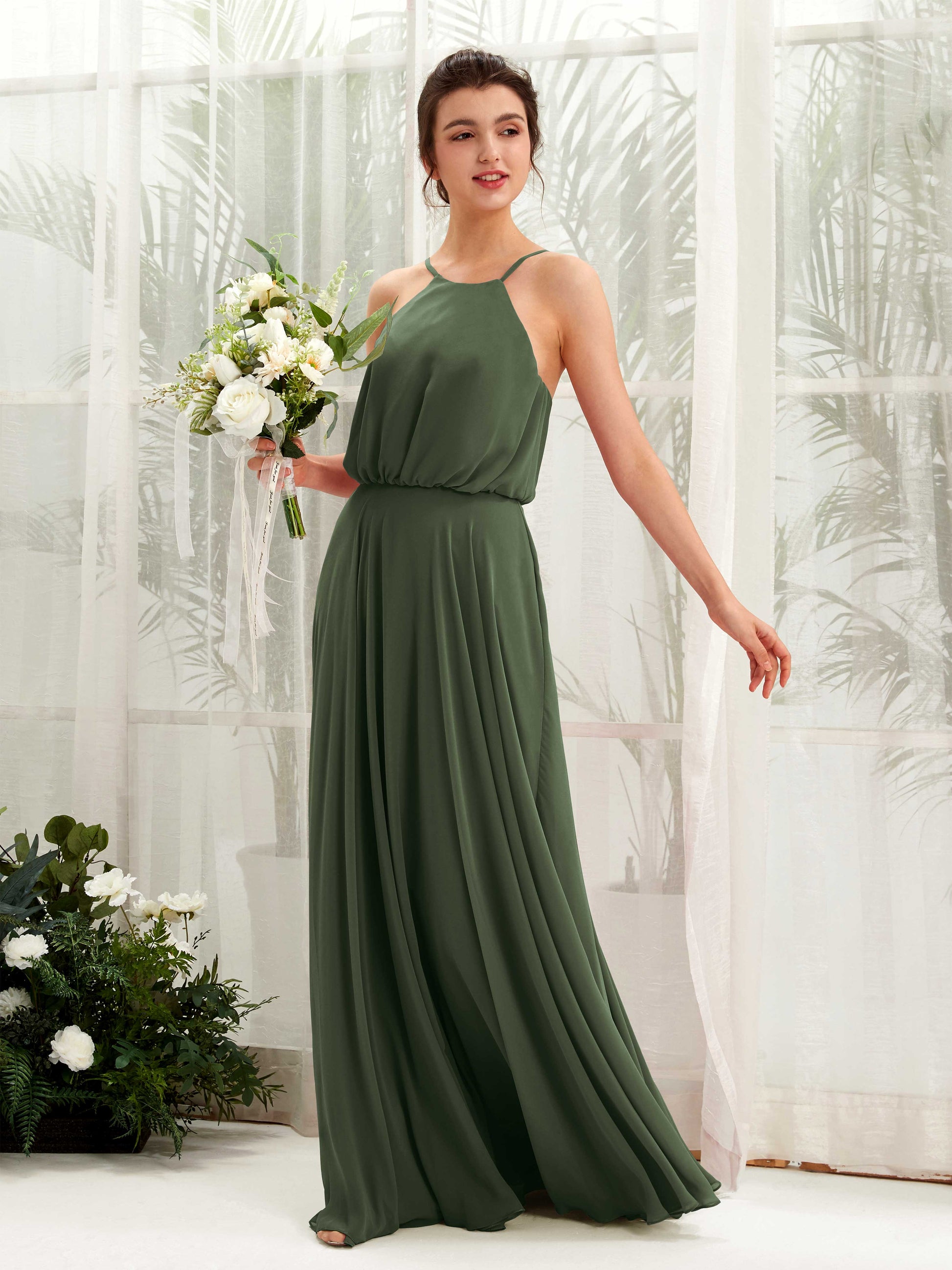 Alva Martini Olive Halter Maxi Dress