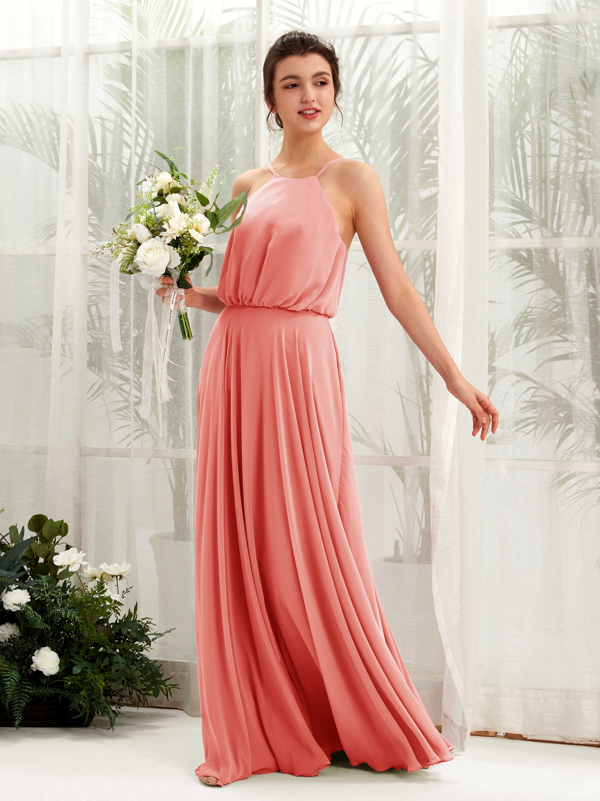 Alva Peach Pink Halter Maxi Dress