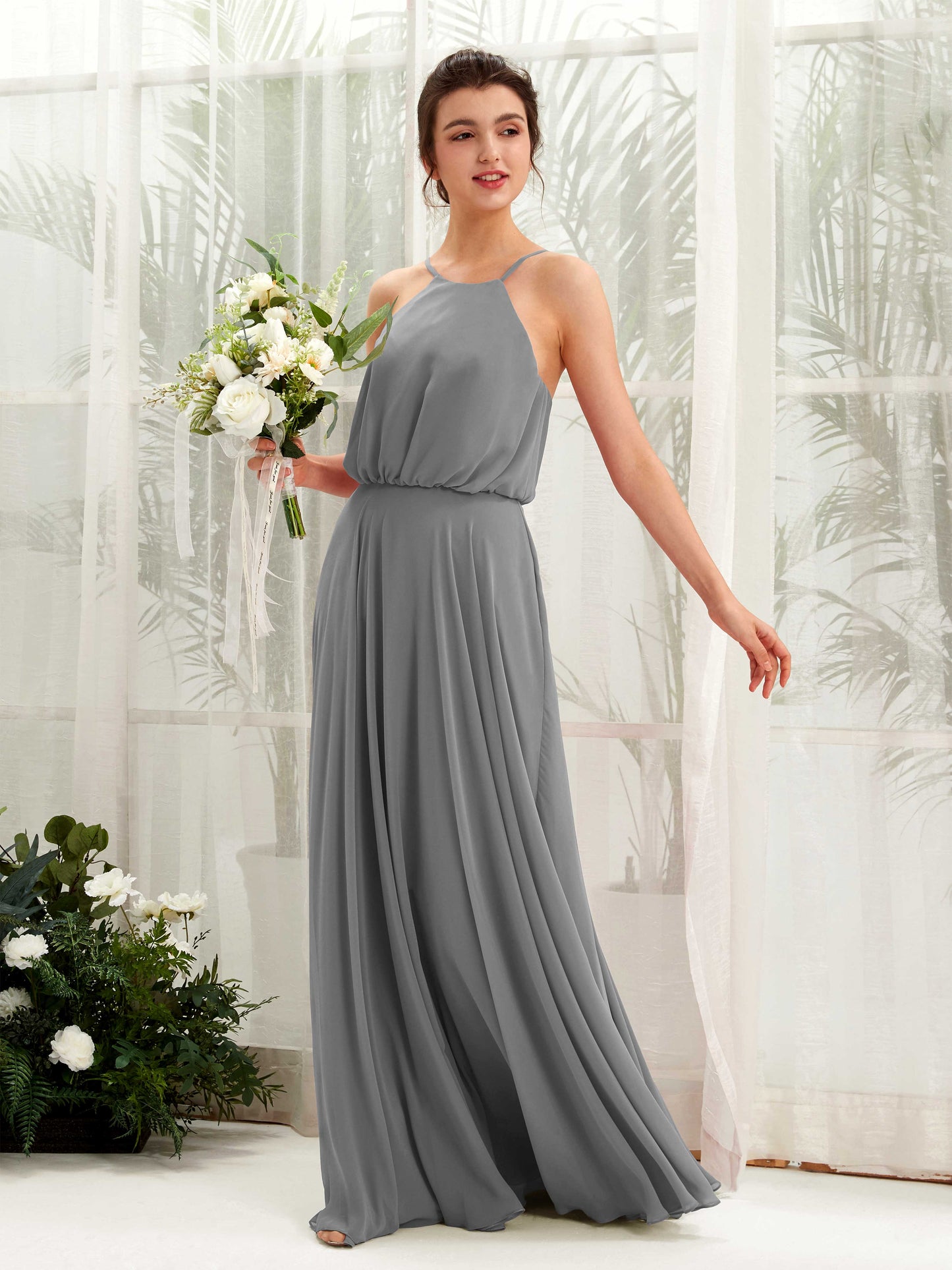 Alva Steel Gray Halter Maxi Dress