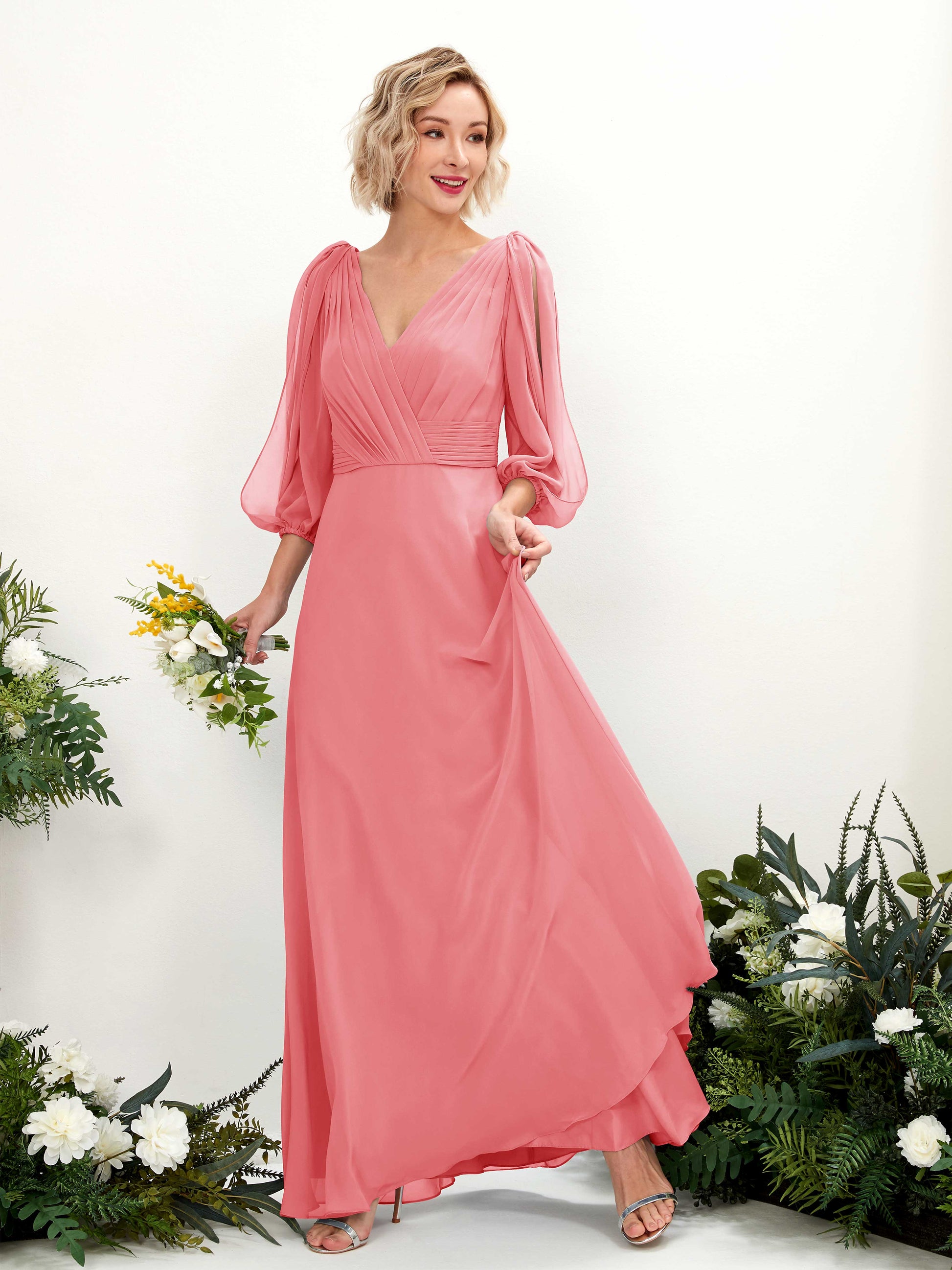 Antonia Coral Pink Long Sleeve Maxi Dress