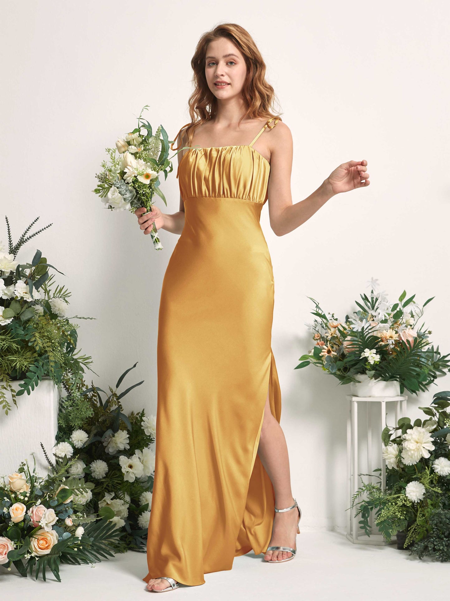 Avery Canary Satin Sleeveless Maxi Dress