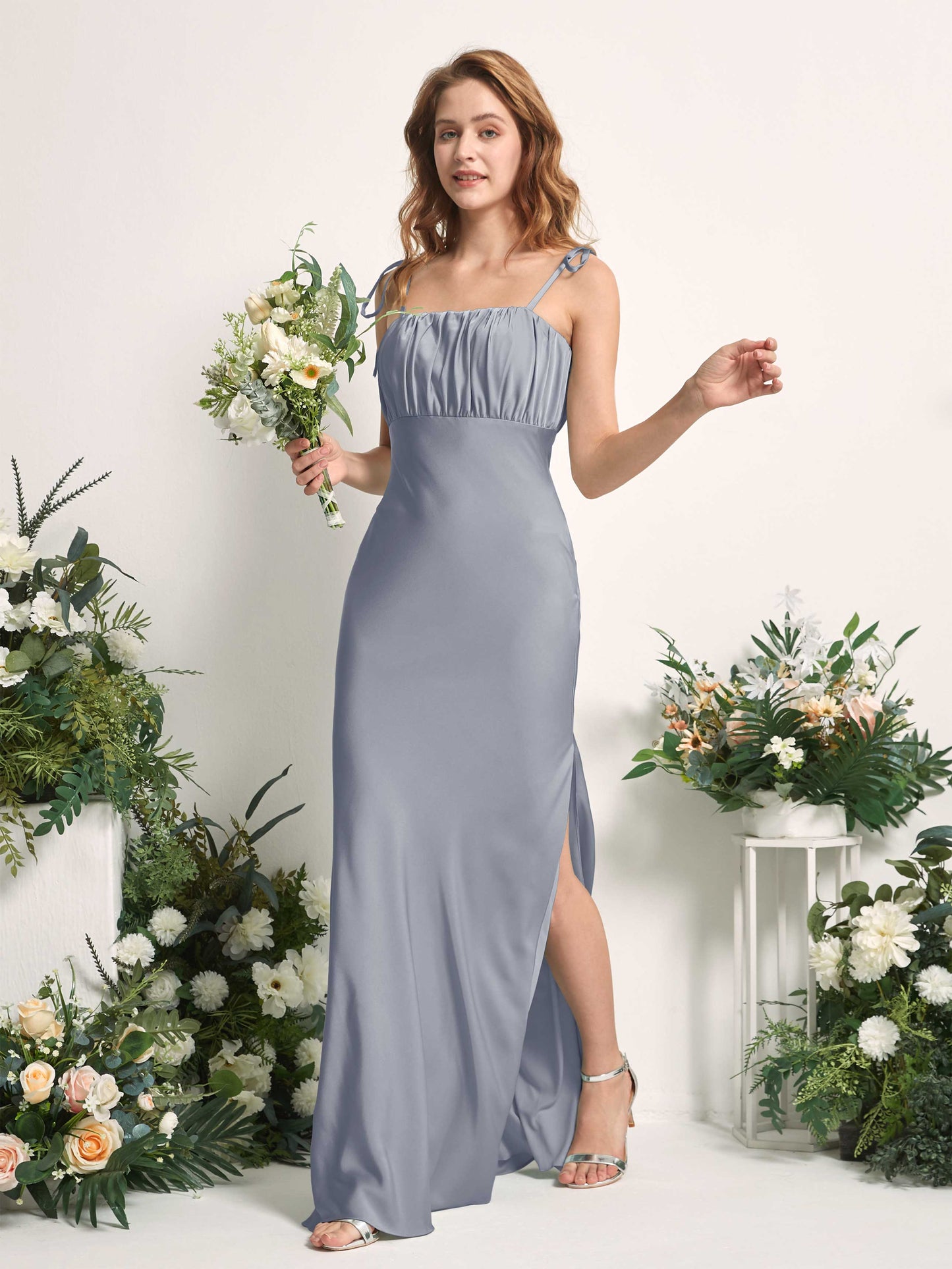 Avery Dusty Blue Satin Sleeveless Maxi Dress