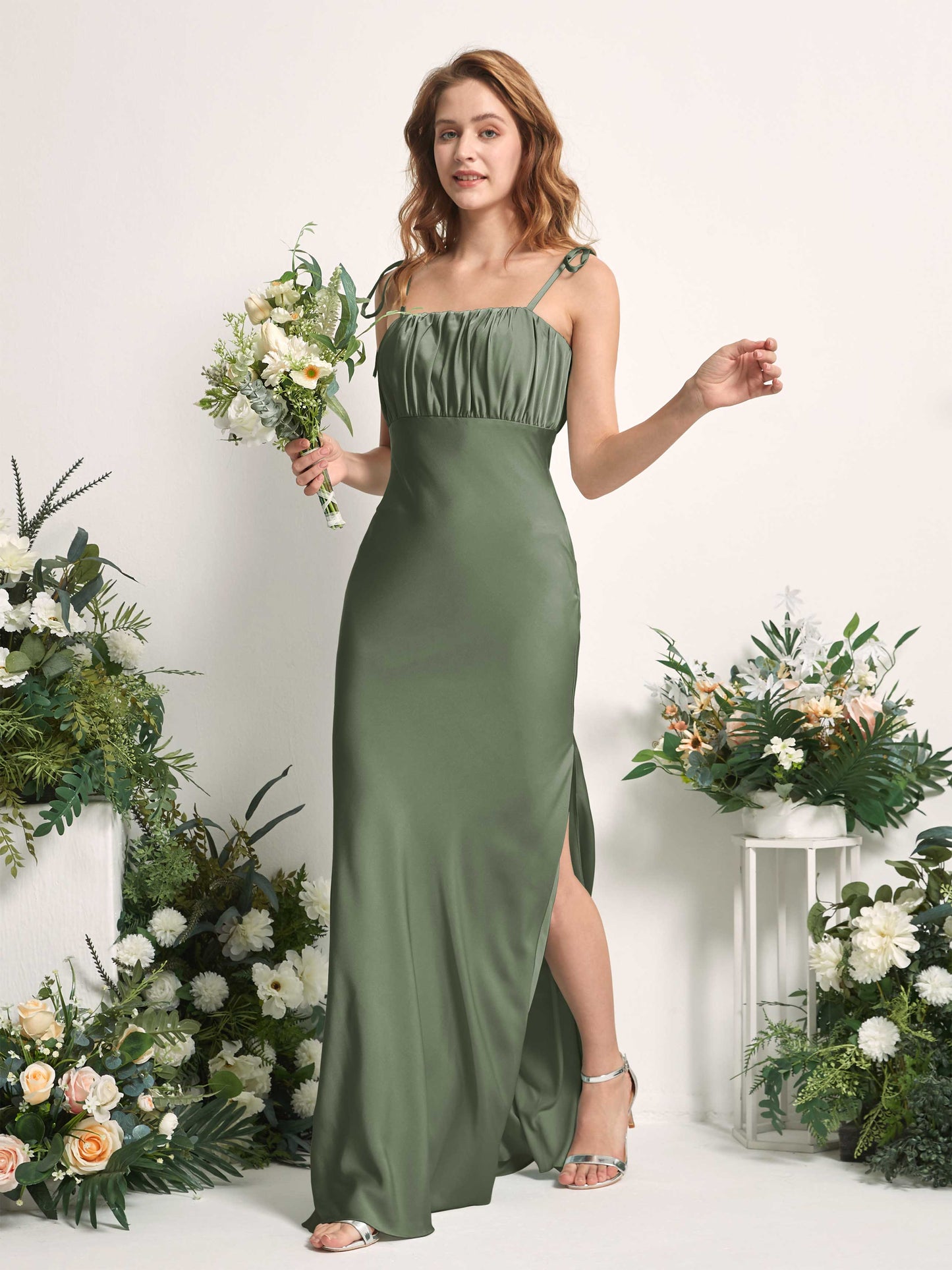 Avery Green Olive Satin Sleeveless Maxi Dress