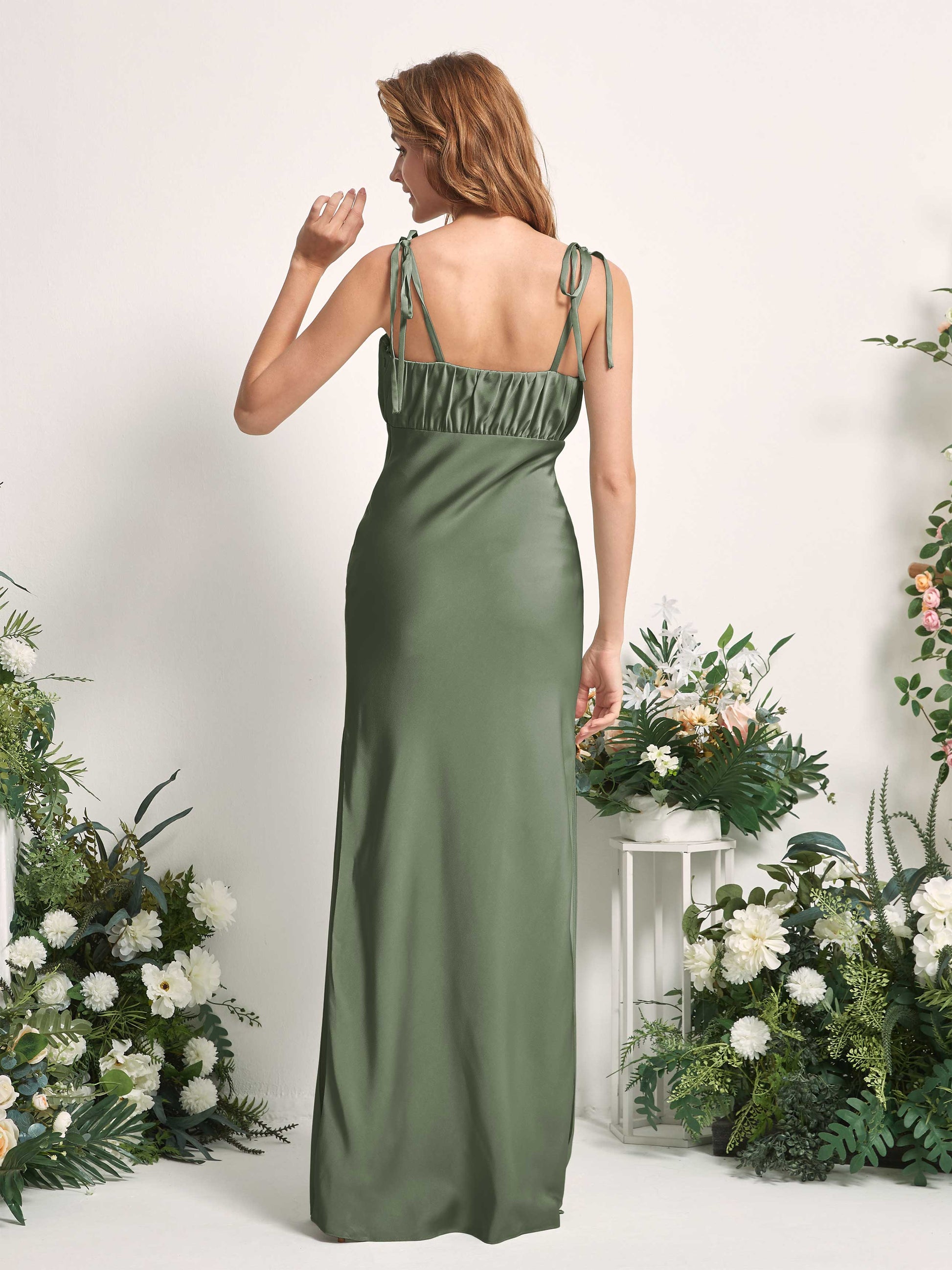 Avery Green Olive Satin Sleeveless Maxi Dress