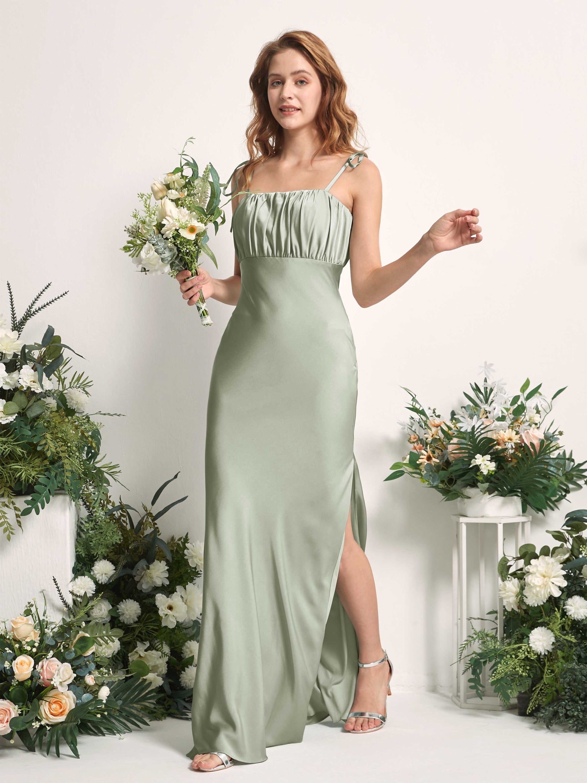 Avery Sage Green Satin Sleeveless Maxi Dress