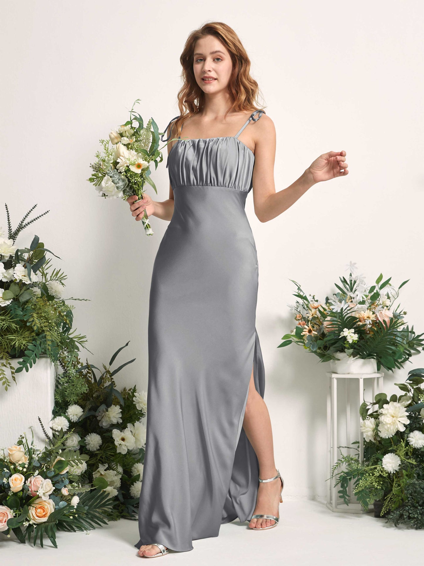 Avery Steel Gray Satin Sleeveless Maxi Dress