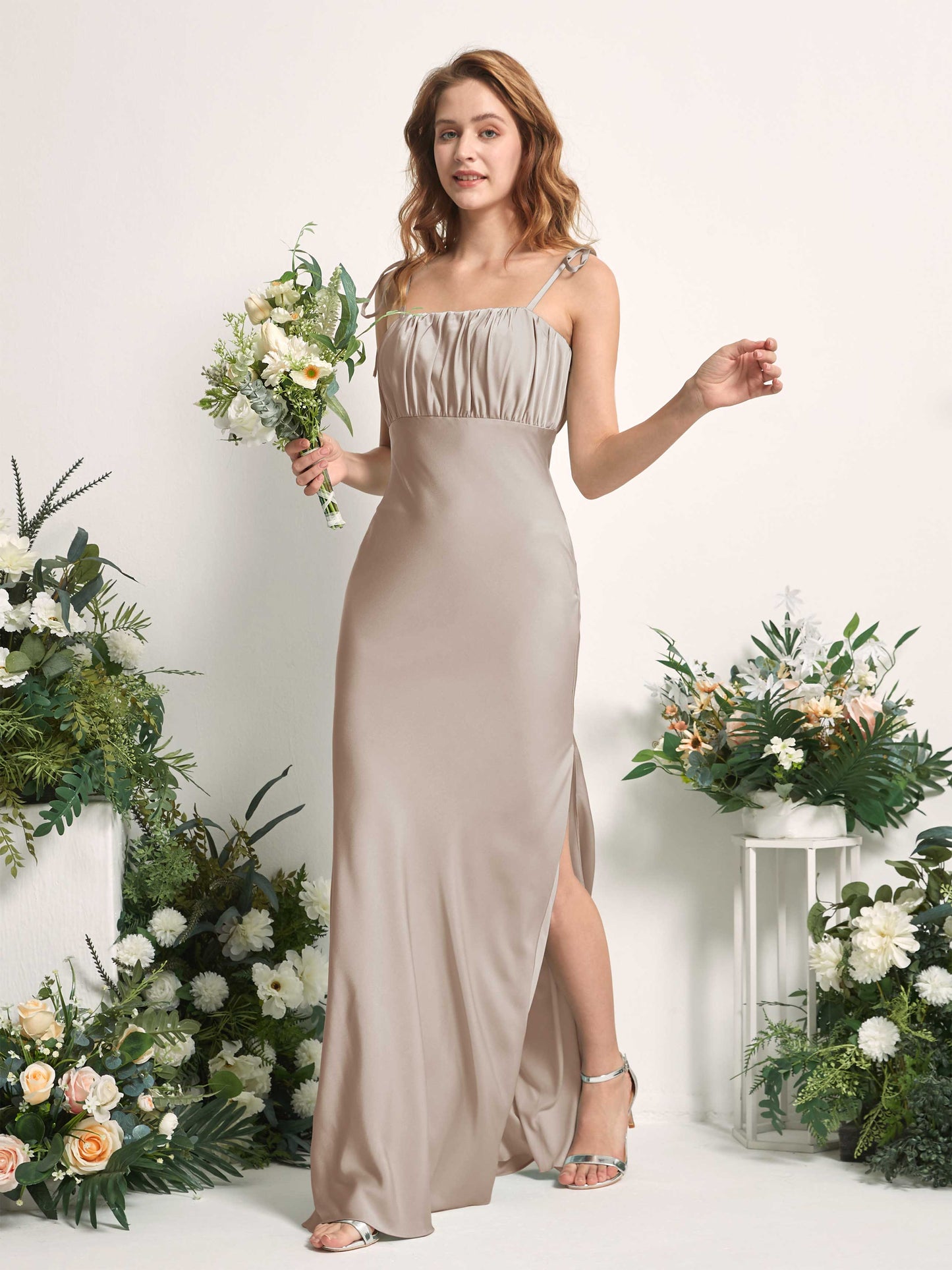 Avery Taupe Satin Sleeveless Maxi Dress