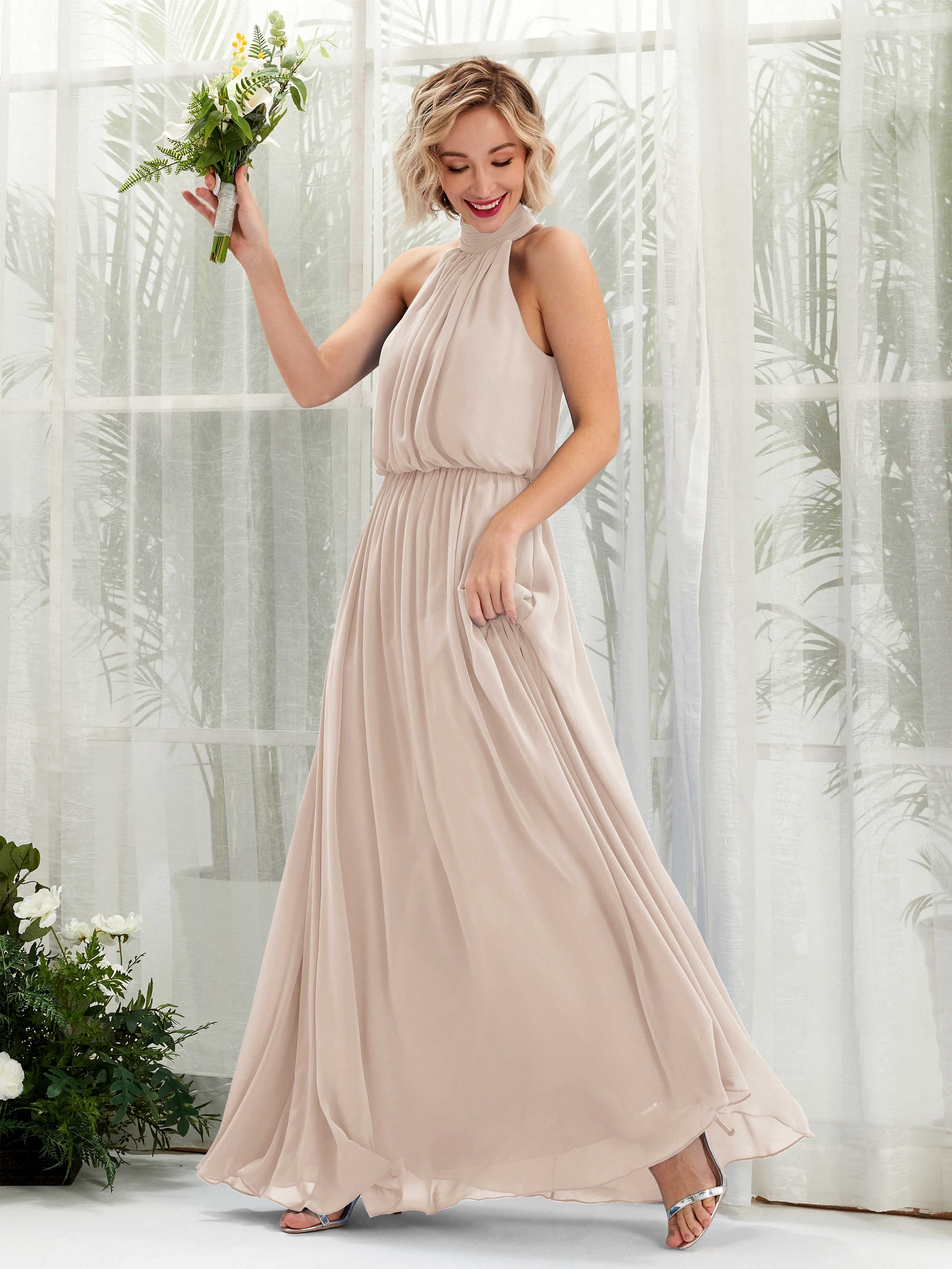 Bess Champagne Halter Maxi Dress