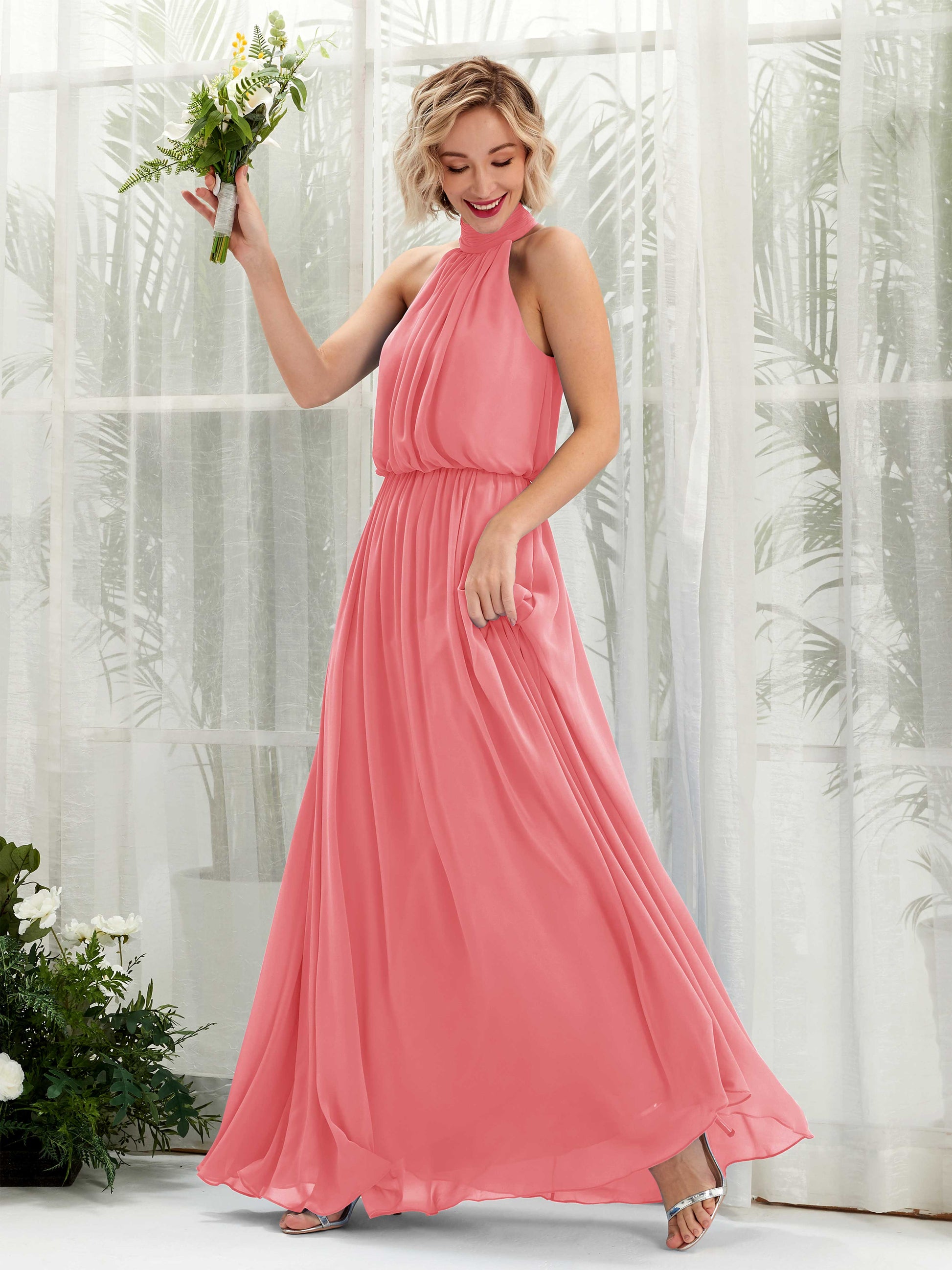 Bess Coral Pink Halter Maxi Dress