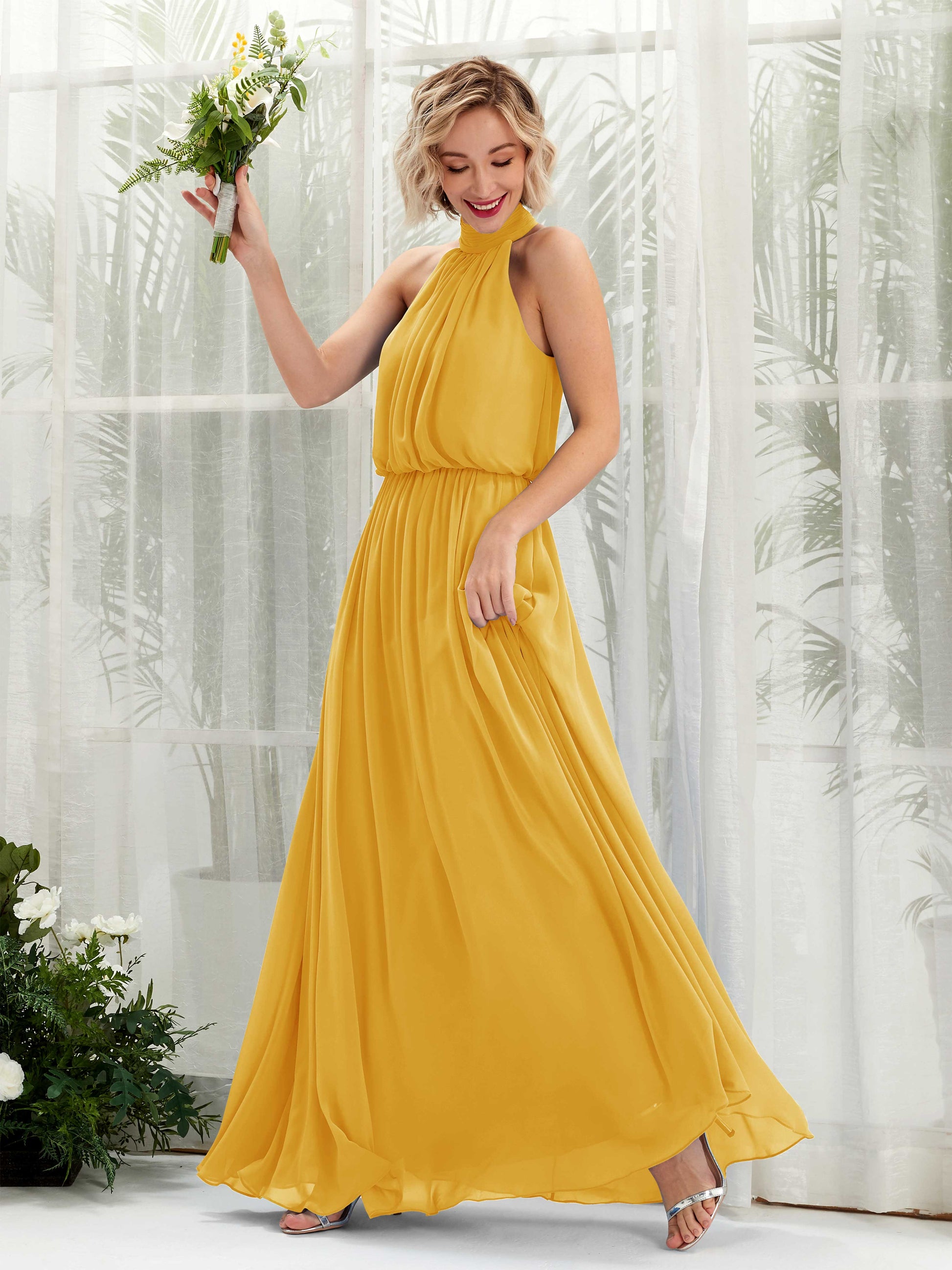 Bess Mustard Yellow Halter Maxi Dress