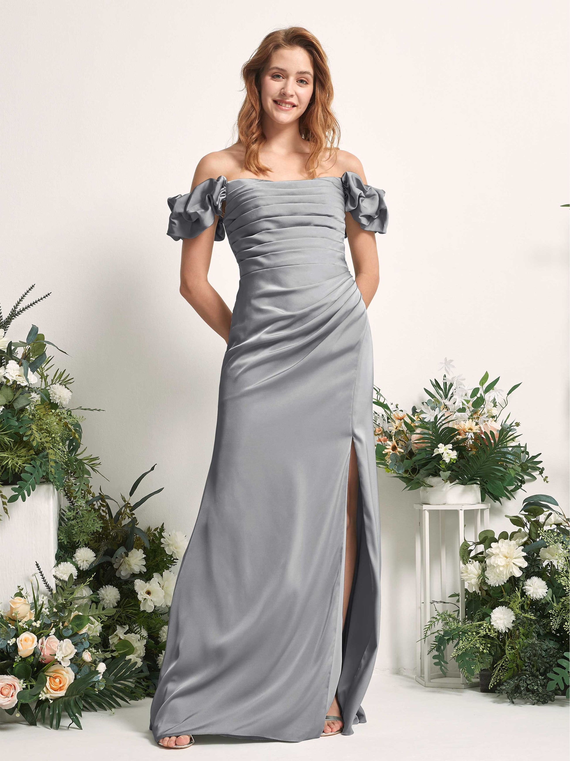 Bianca Steel Gray Satin Maxi Dress