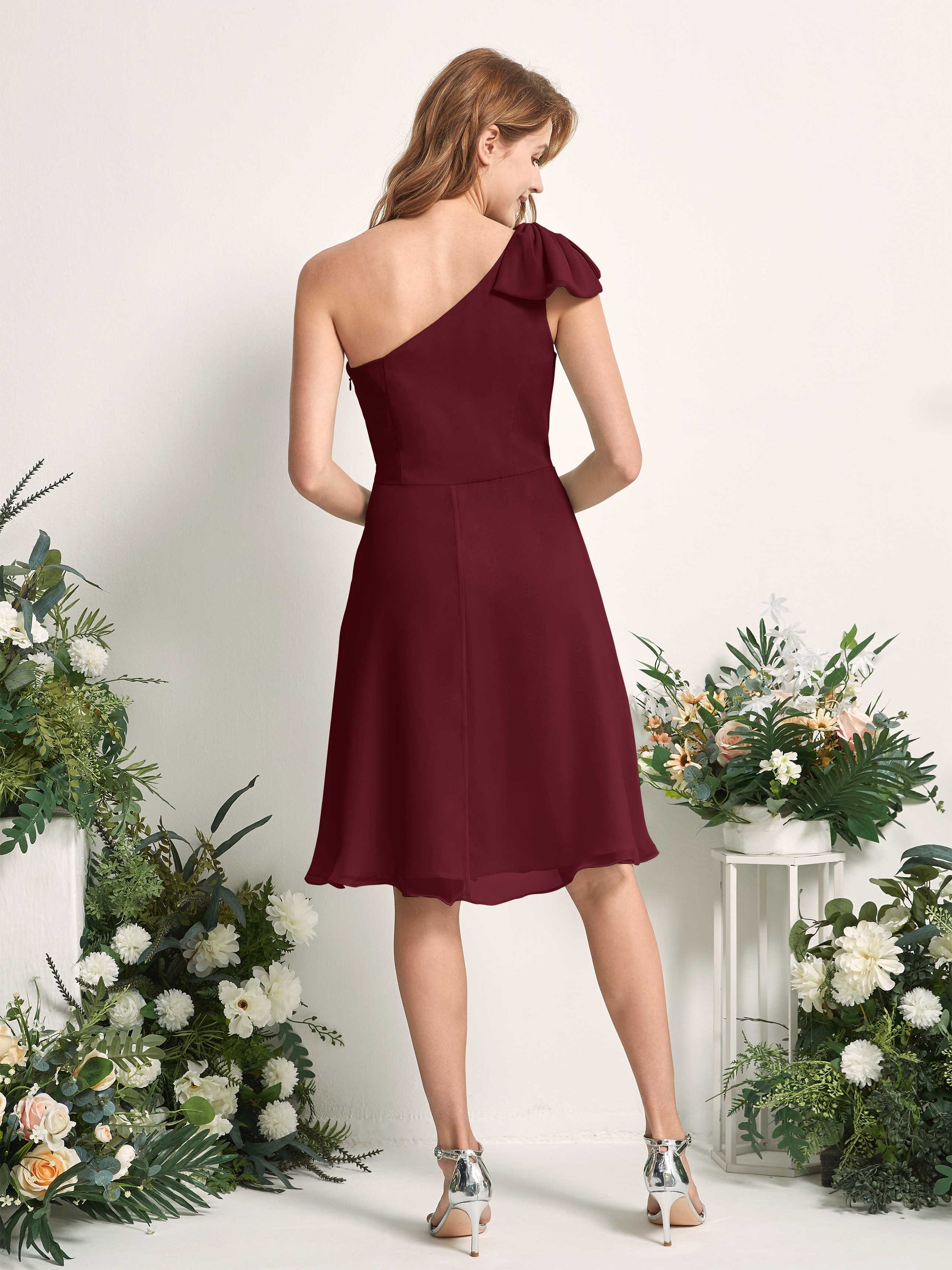 Brenda Burgundy One Shoulder Midi Dress