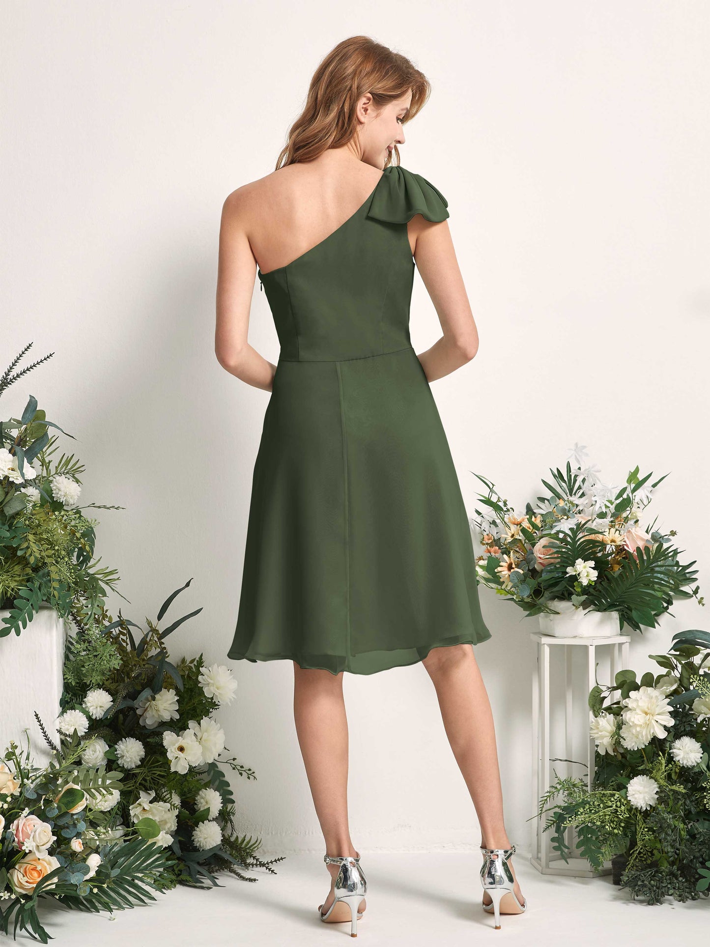 Brenda Martini Olive One Shoulder Midi Dress