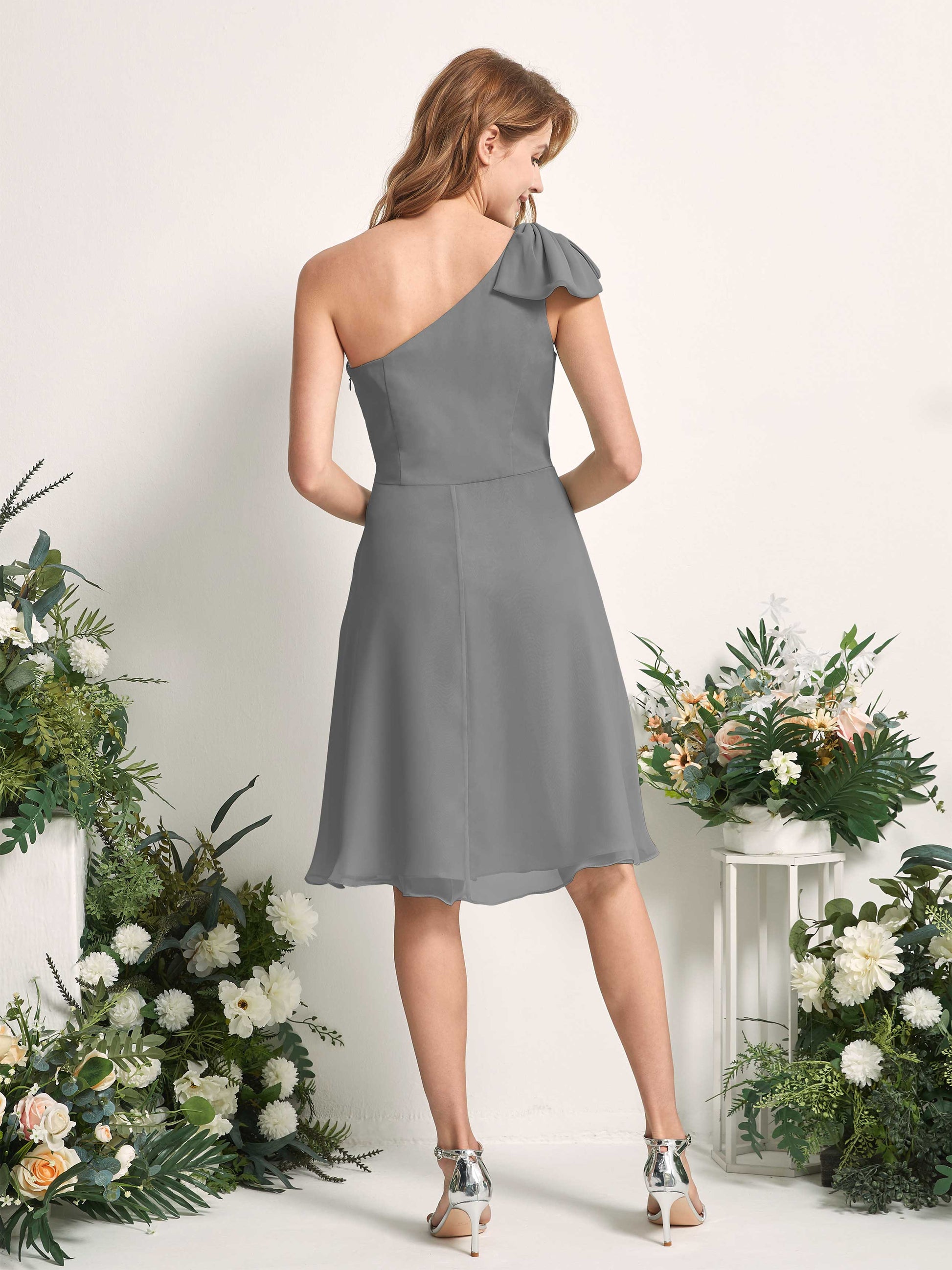 Brenda Steel Gray One Shoulder Midi Dress