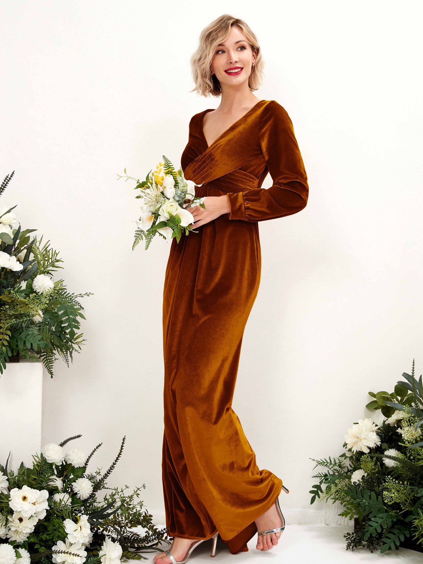 Camille Burant Orange Velvet Long Sleeve Maxi Dress