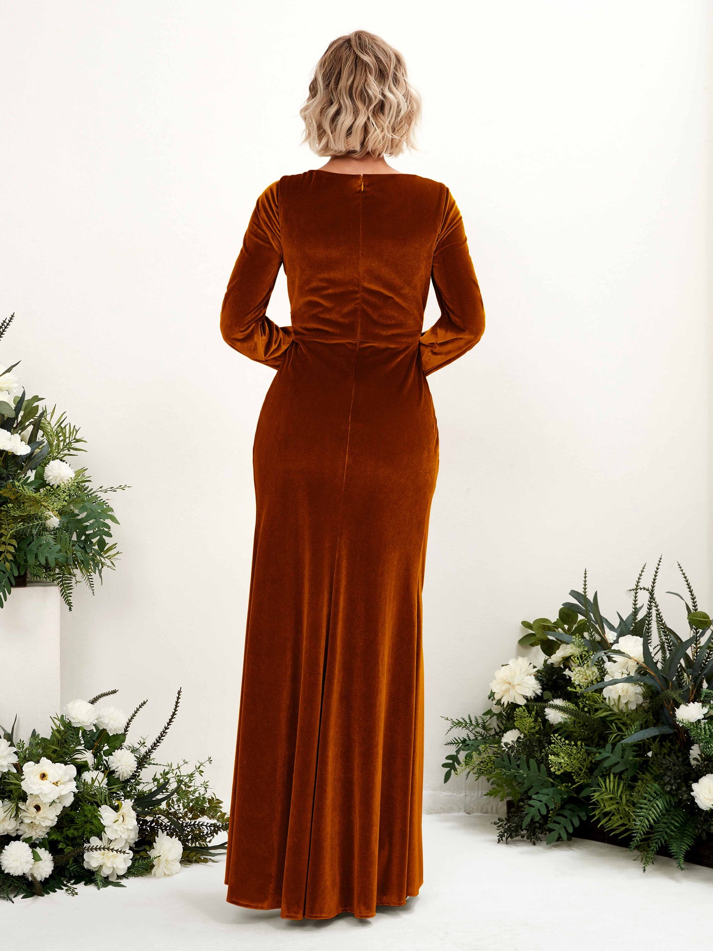 Camille Burant Orange Velvet Long Sleeve Maxi Dress