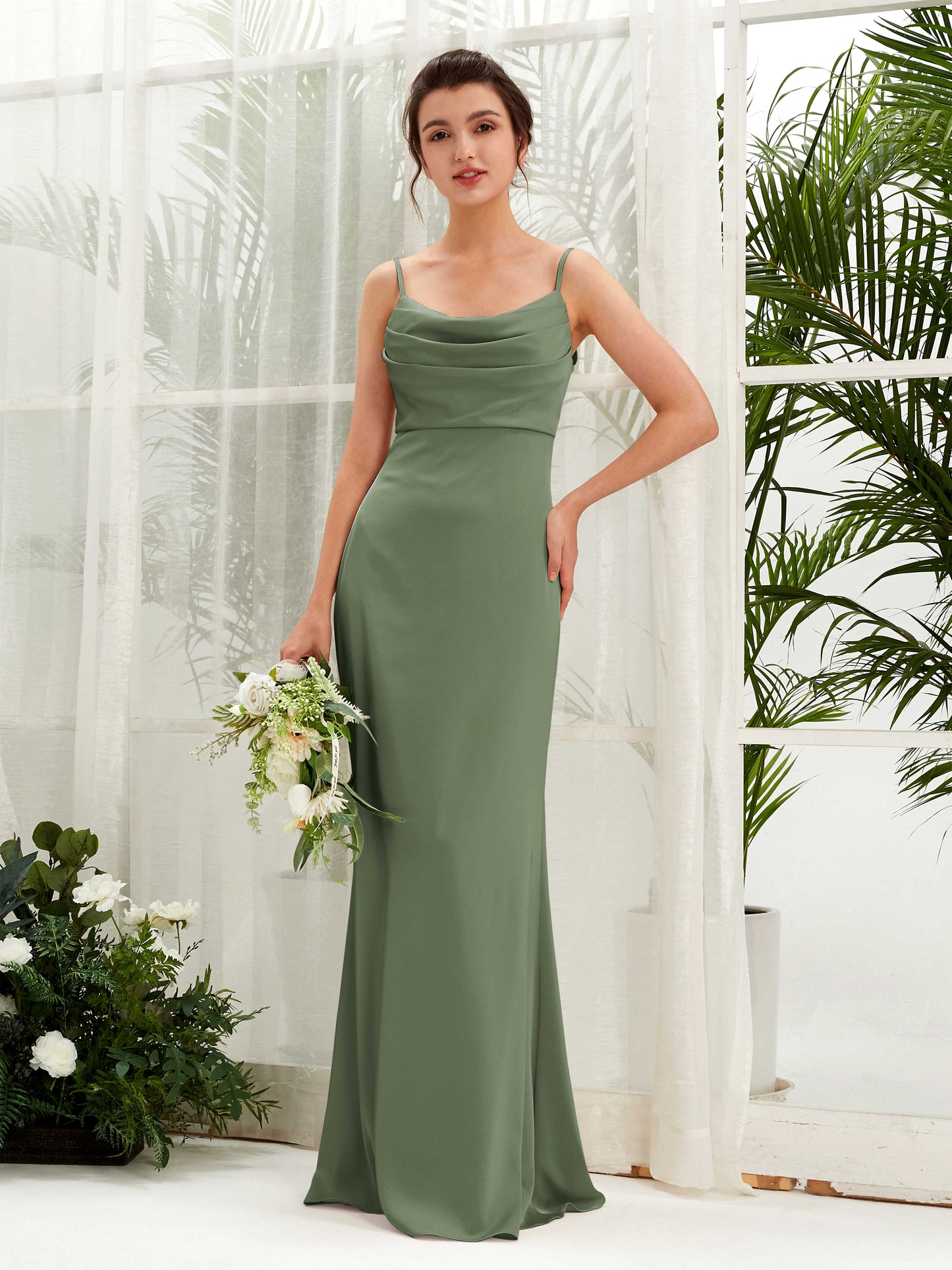 Candice Green Olive Satin Sleeveless Maxi Dress