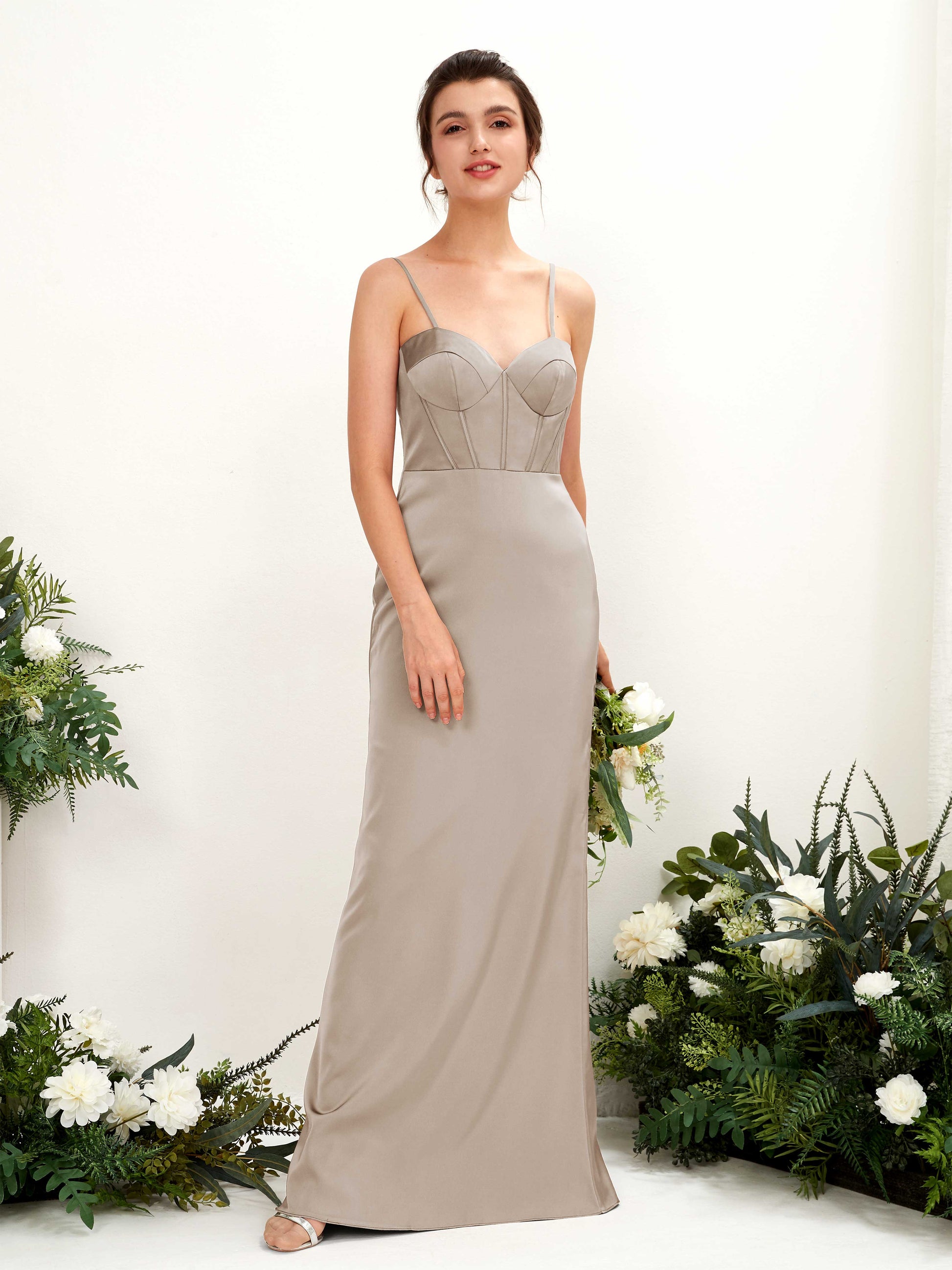 Cathy Taupe Satin Sleeveless Maxi Dress