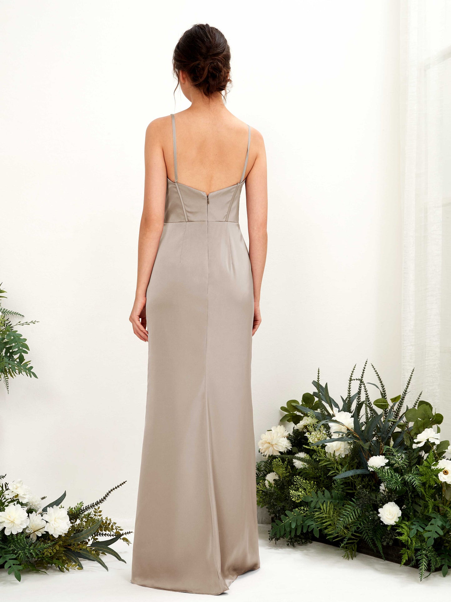 Cathy Taupe Satin Sleeveless Maxi Dress