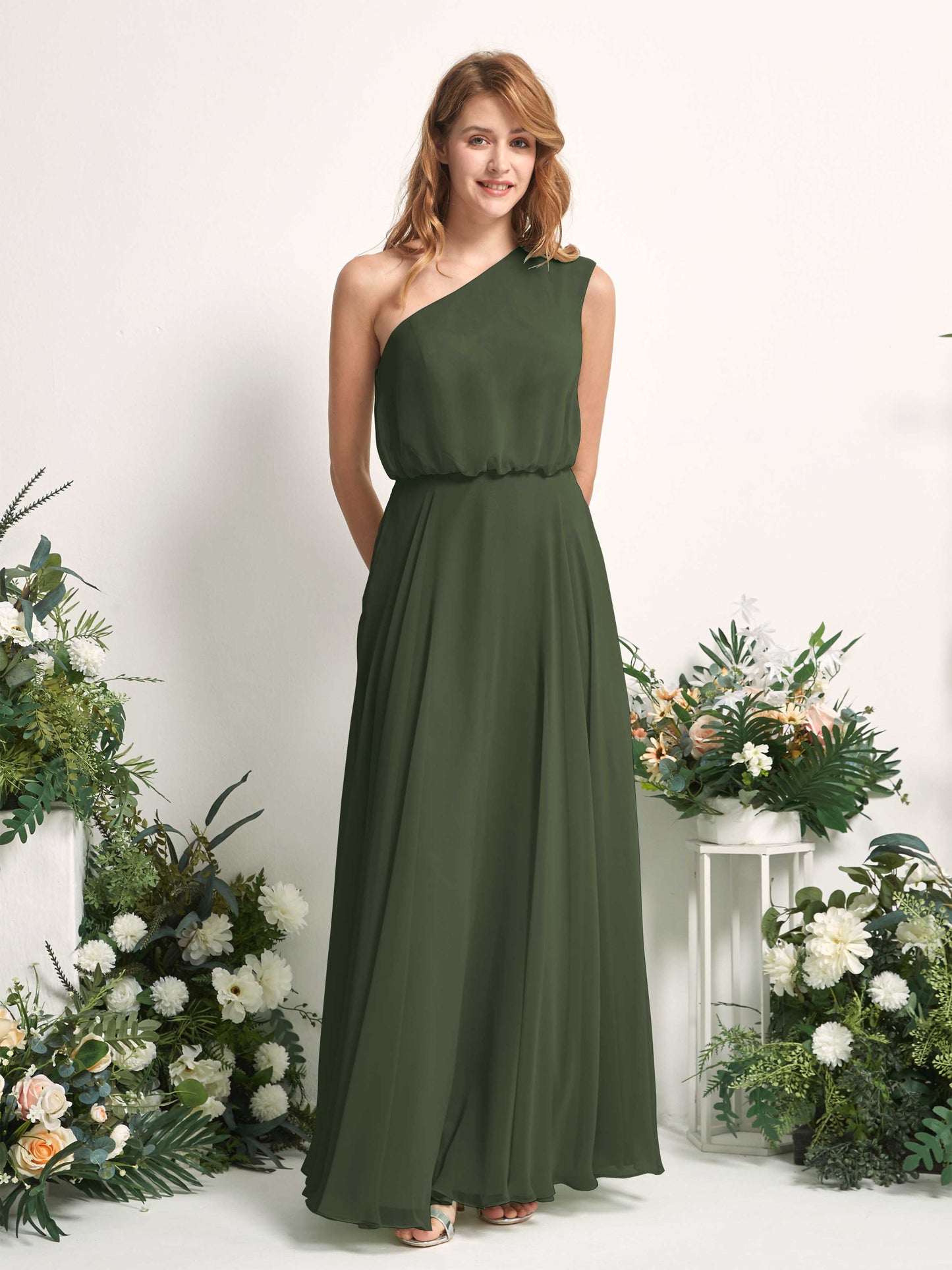 Cecily Martini Olive One Shoulder Maxi Dress