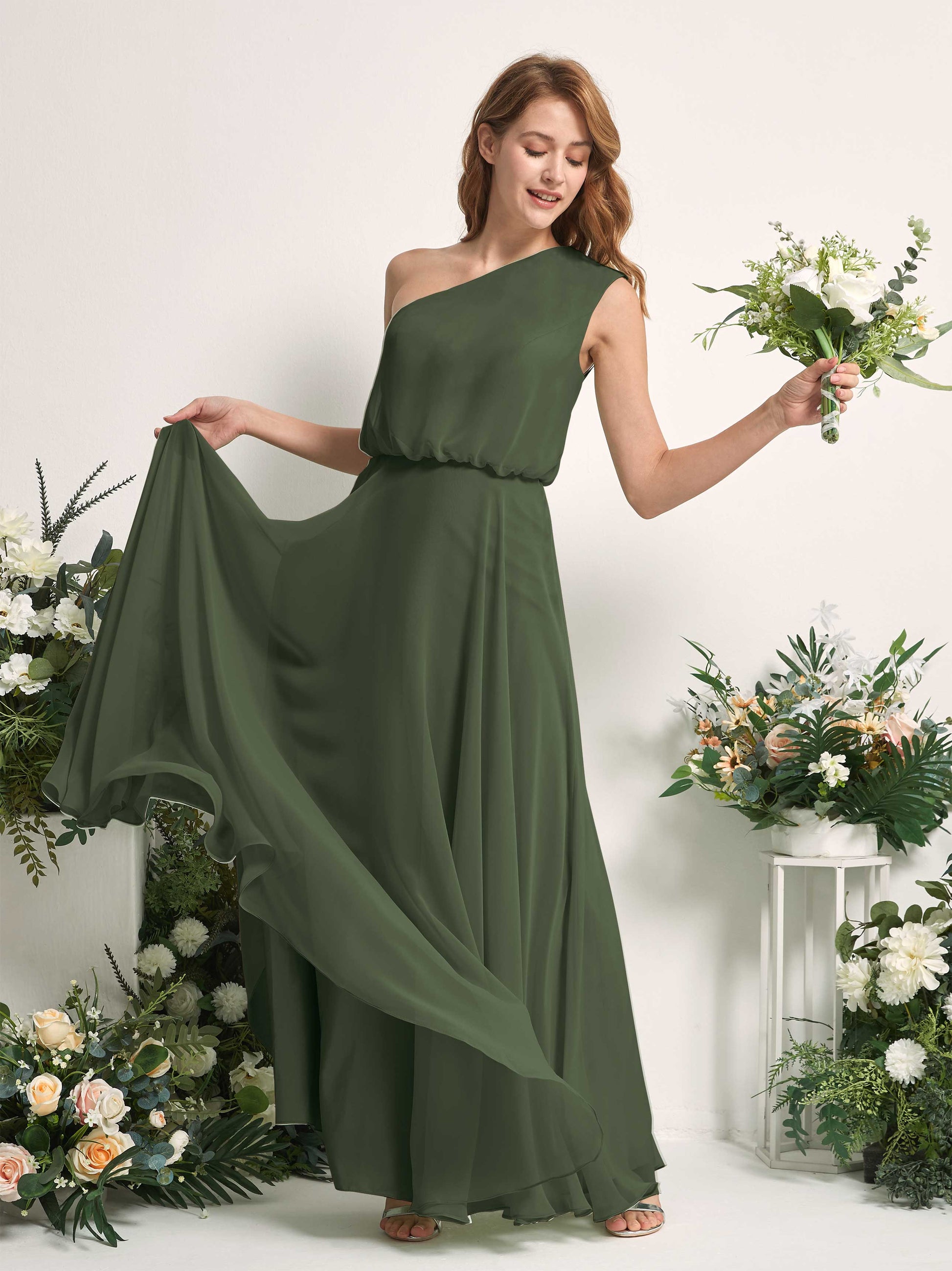 Cecily Martini Olive One Shoulder Maxi Dress