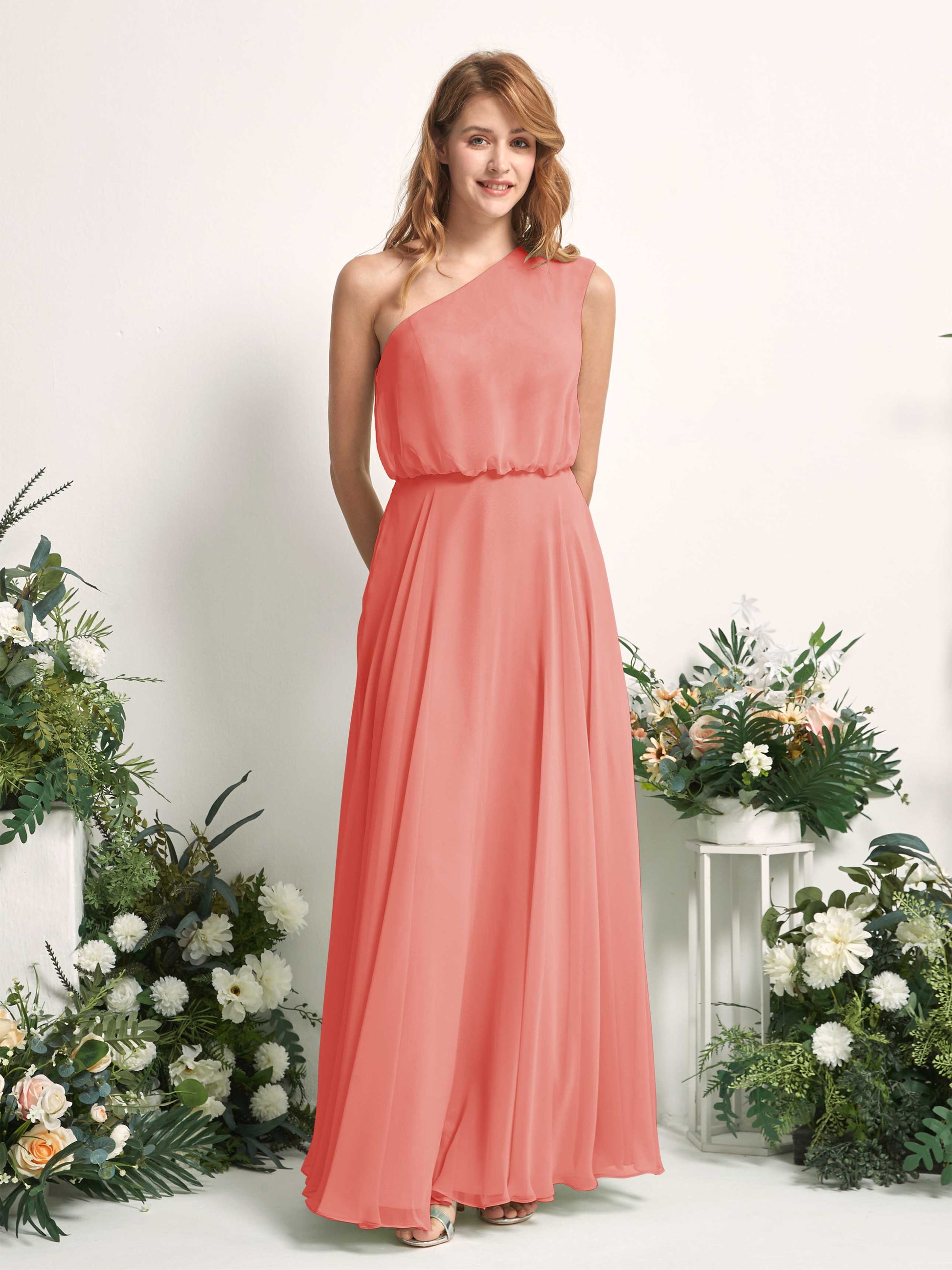 Cecily Peach Pink One Shoulder Maxi Dress