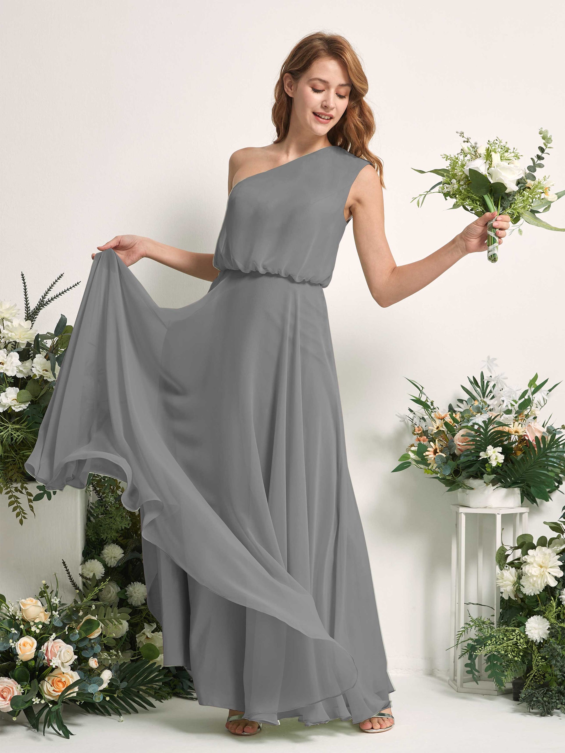 Cecily Steel Gray One Shoulder Maxi Dress