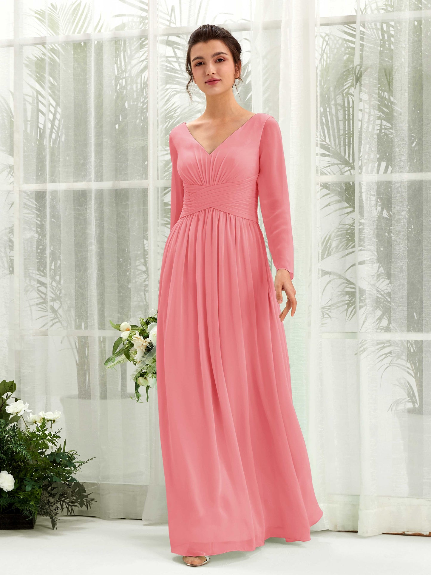 Coline Coral Pink Long Sleeve Maxi Dress