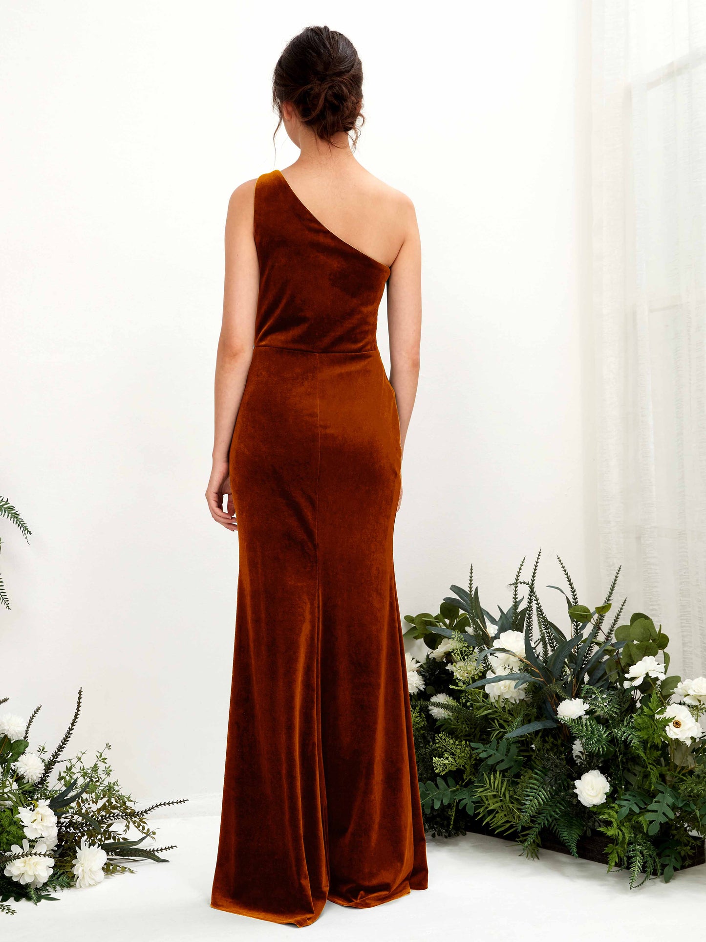 Dana Burant Orange Velvet One Shoulder Maxi Dress