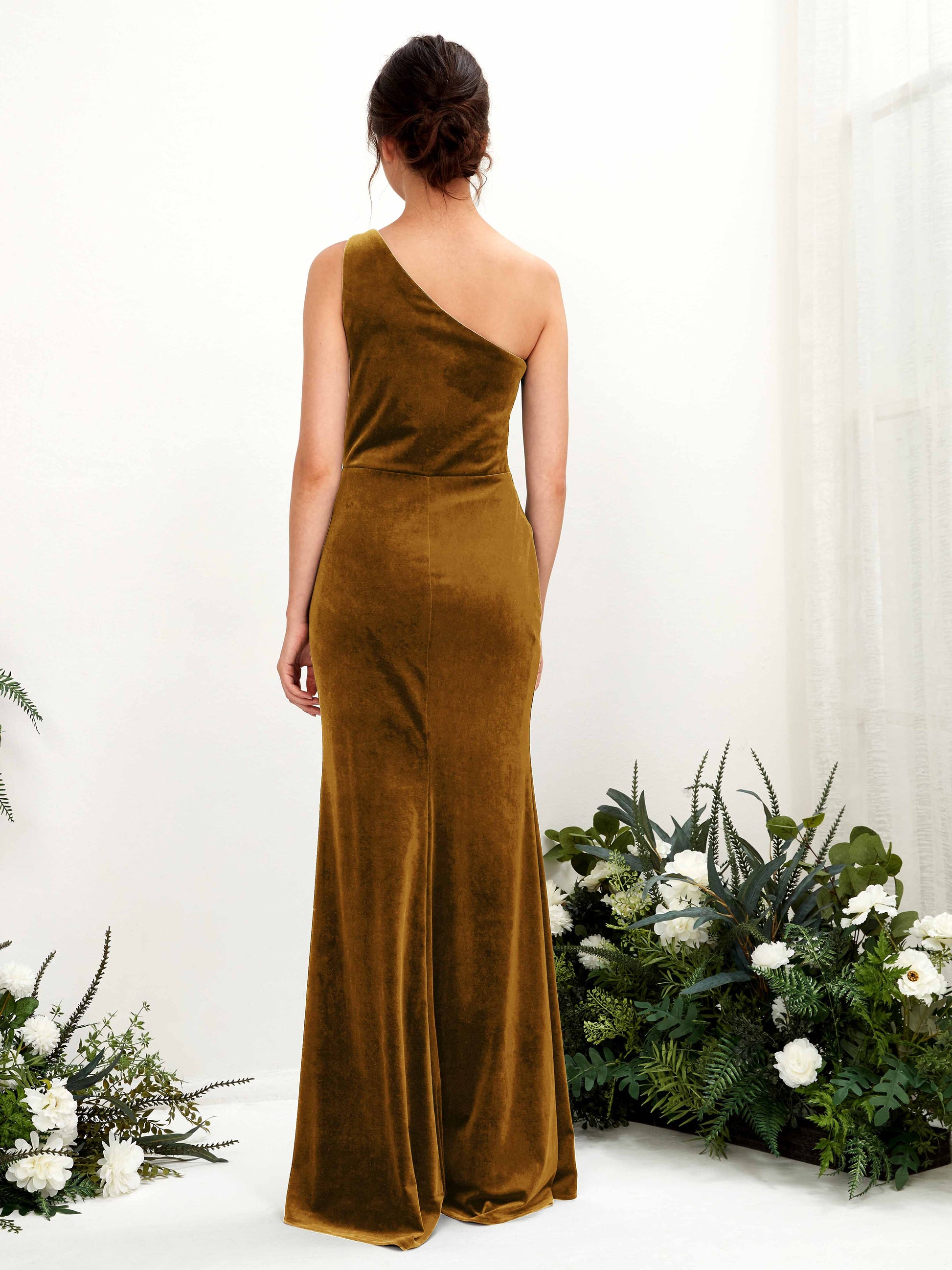 Dana Burnished Gold Velvet One Shoulder Maxi Dress