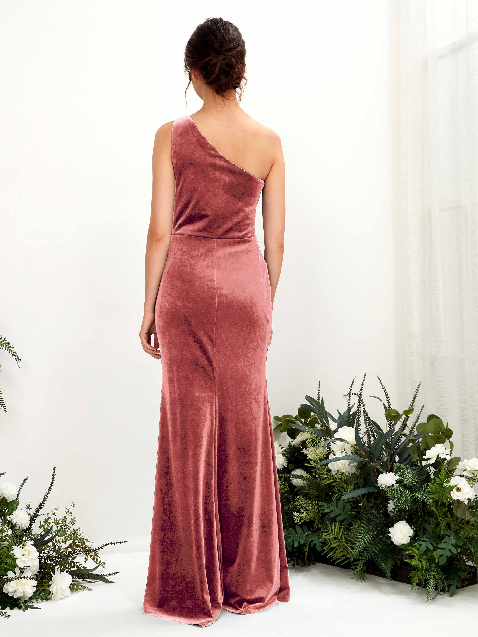 Dana Dusty Rose Velvet One Shoulder Maxi Dress