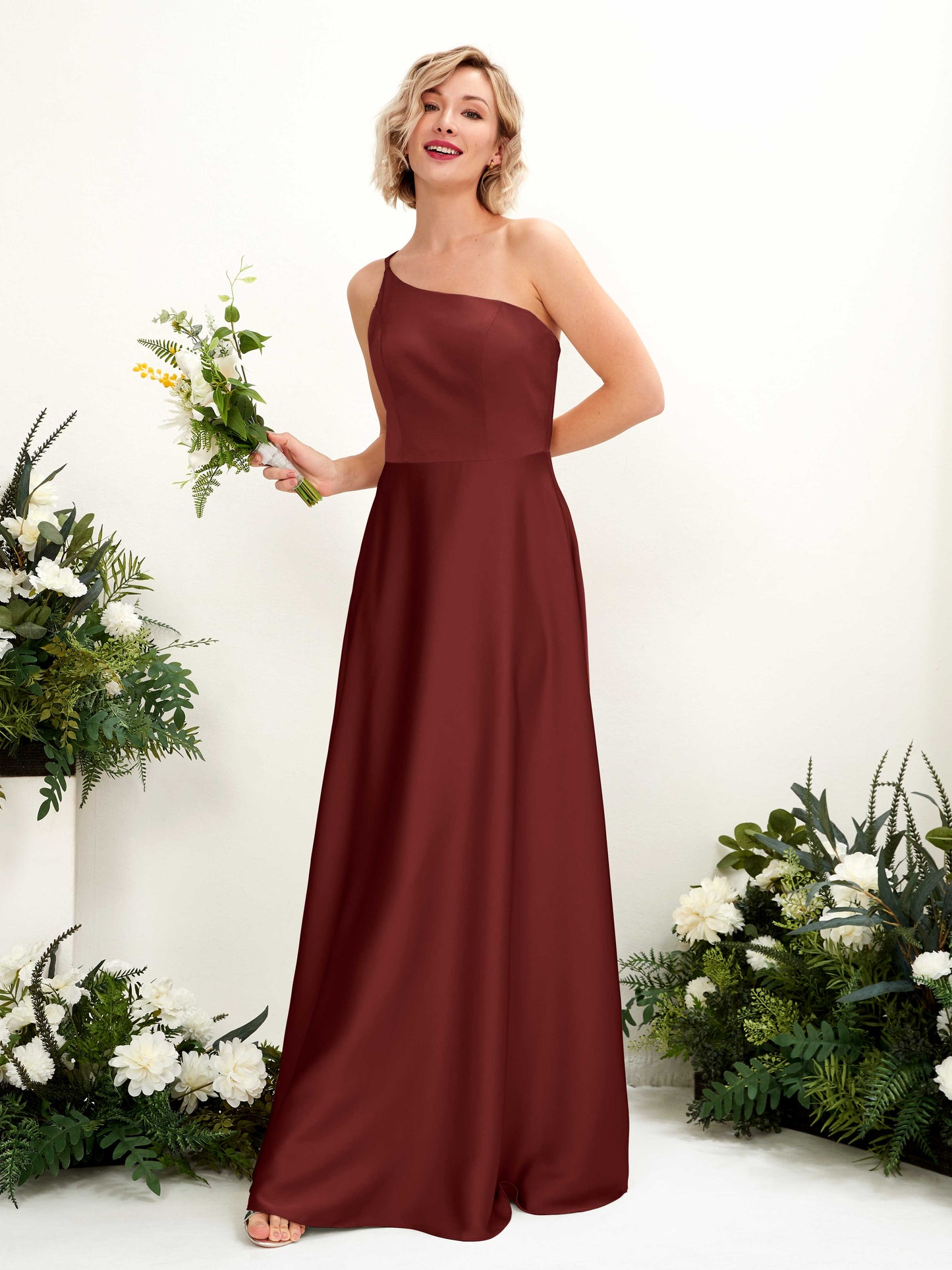 Dinah Burgundy Satin One Shoulder Maxi Dress