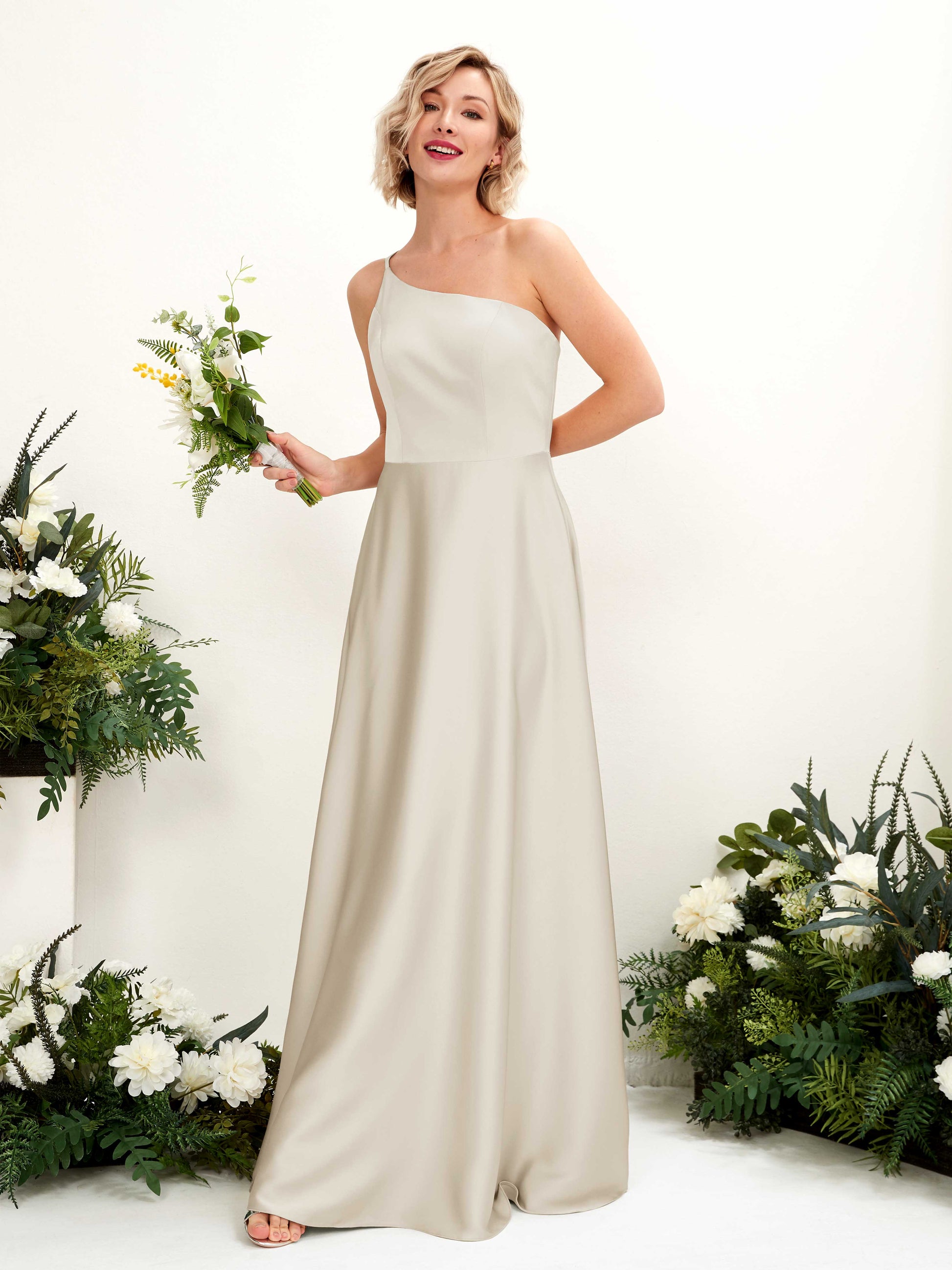 Dinah Champagne Satin One Shoulder Maxi Dress