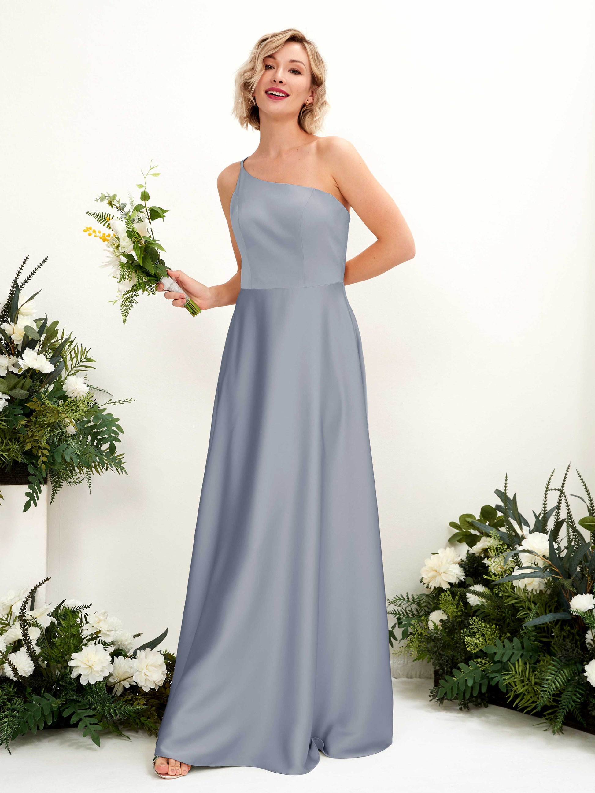 Dinah Dusty Blue Satin One Shoulder Maxi Dress