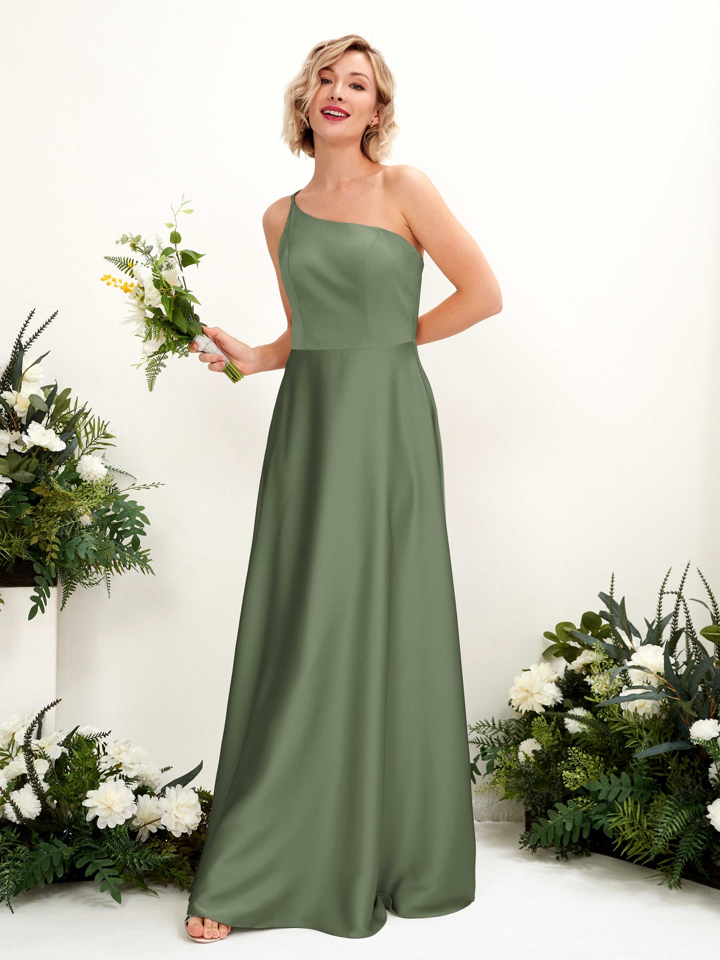 Dinah Green Olive Satin One Shoulder Maxi Dress