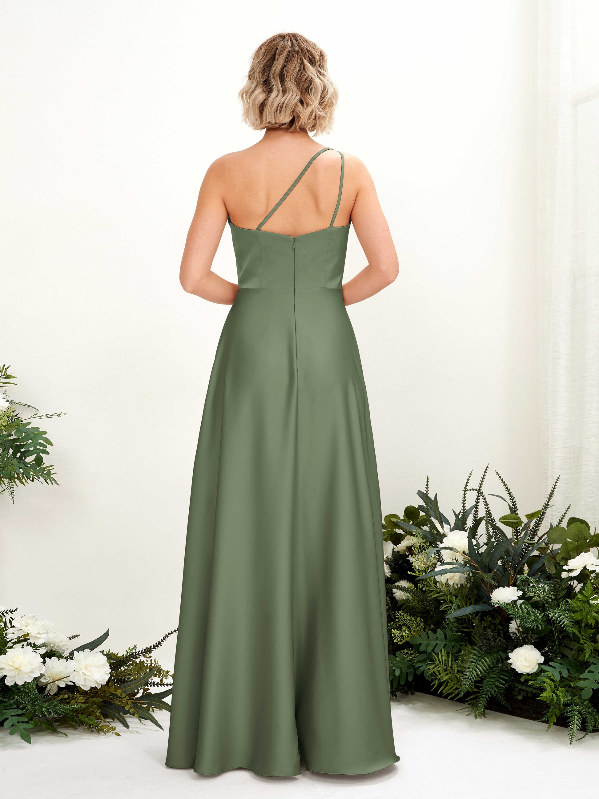 Dinah Green Olive Satin One Shoulder Maxi Dress