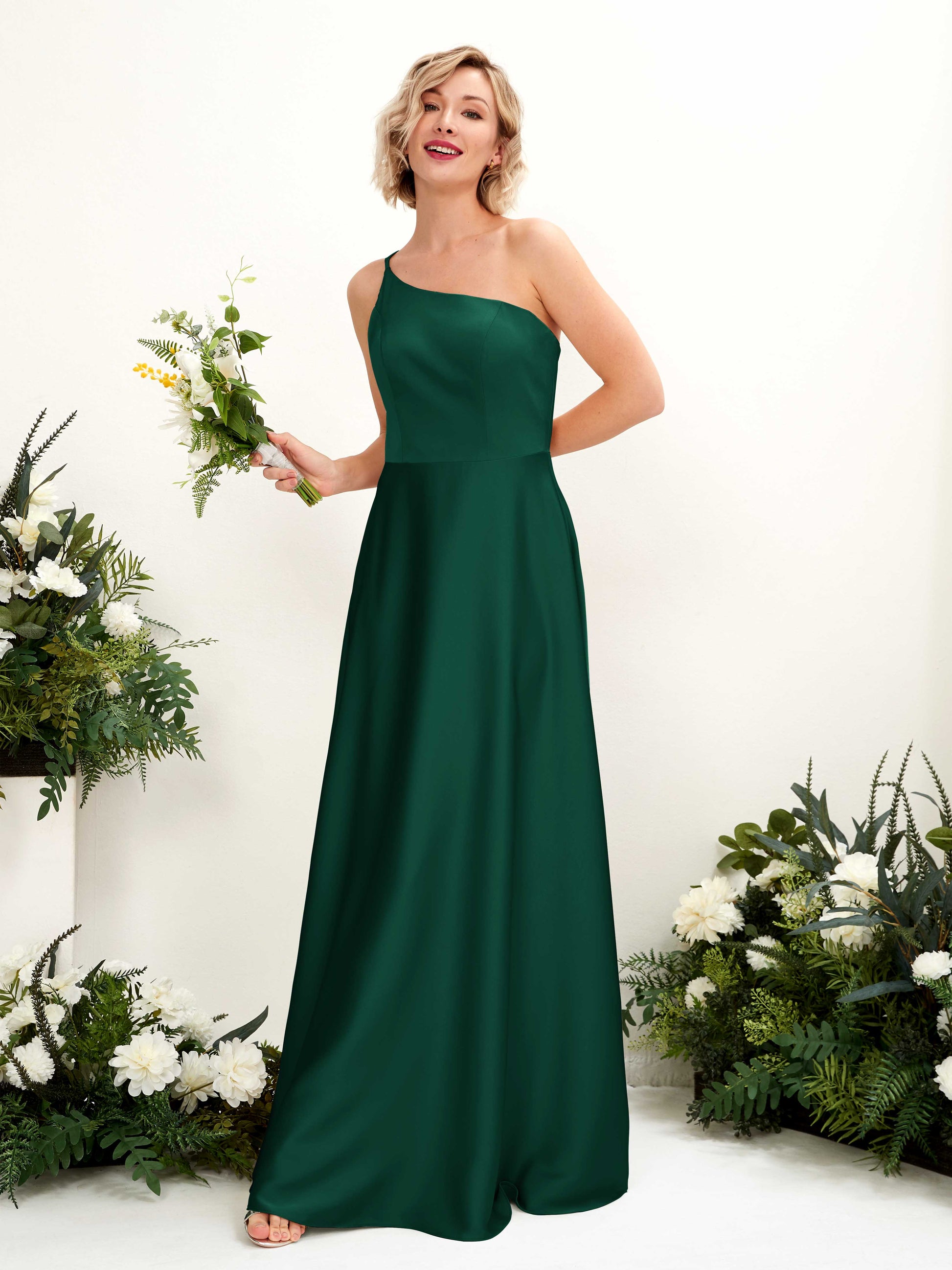 Dinah Hunter Green Satin One Shoulder Maxi Dress