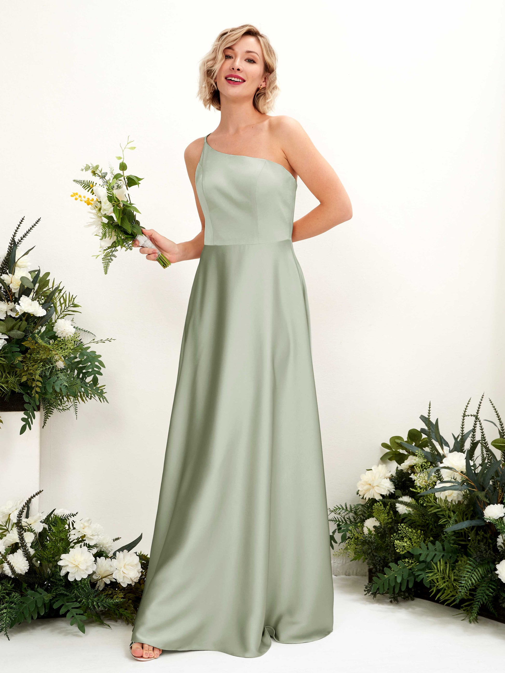 Dinah Sage Green Satin One Shoulder Maxi Dress