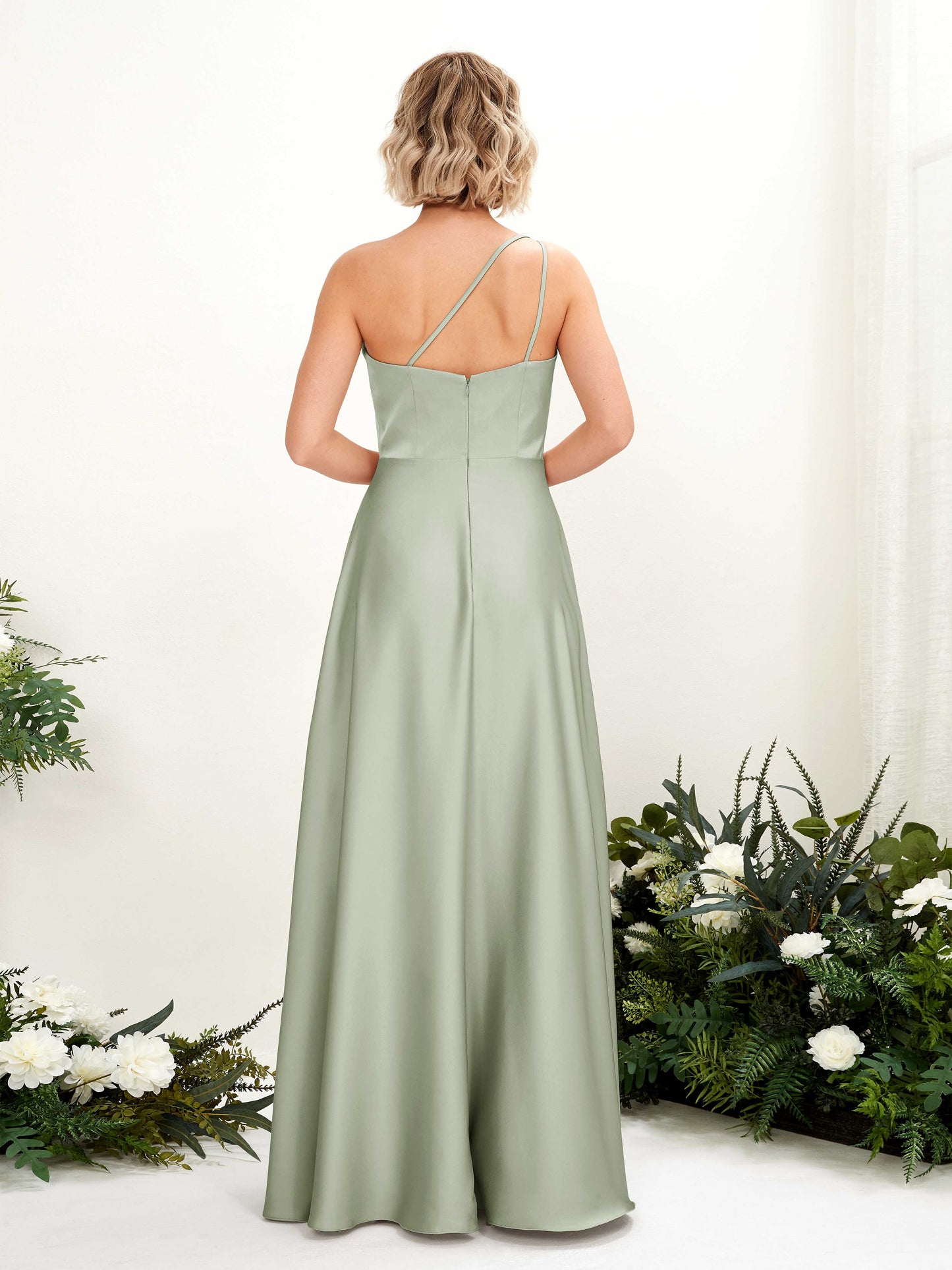 Dinah Sage Green Satin One Shoulder Maxi Dress