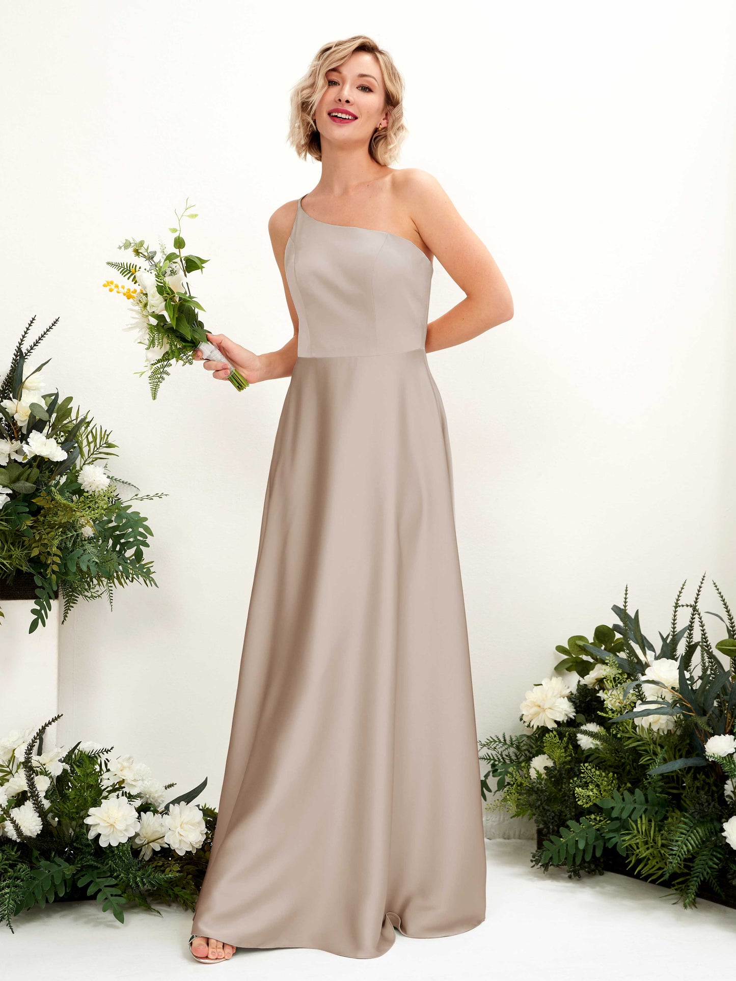 Dinah Taupe Satin One Shoulder Maxi Dress