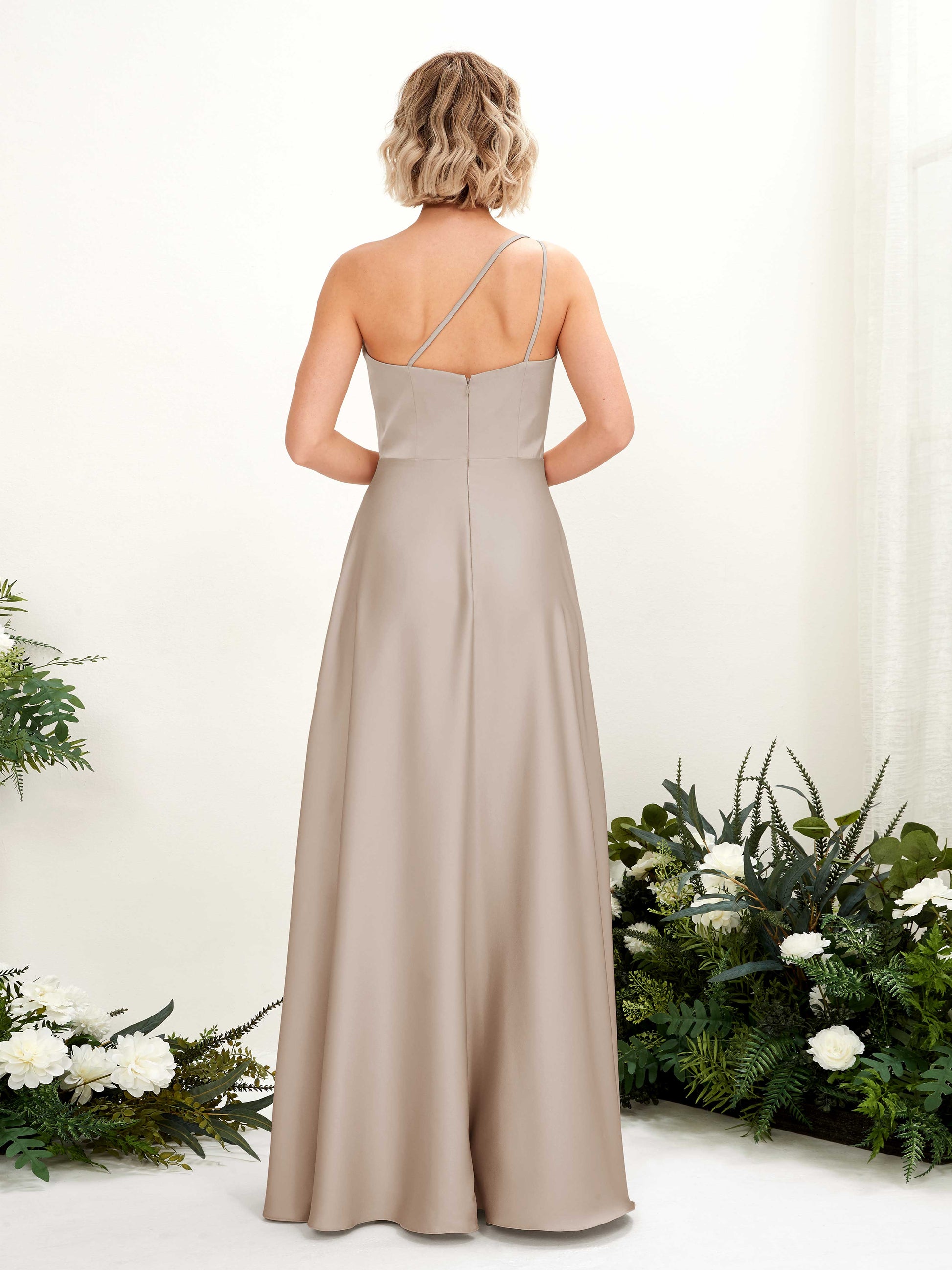 Dinah Taupe Satin One Shoulder Maxi Dress