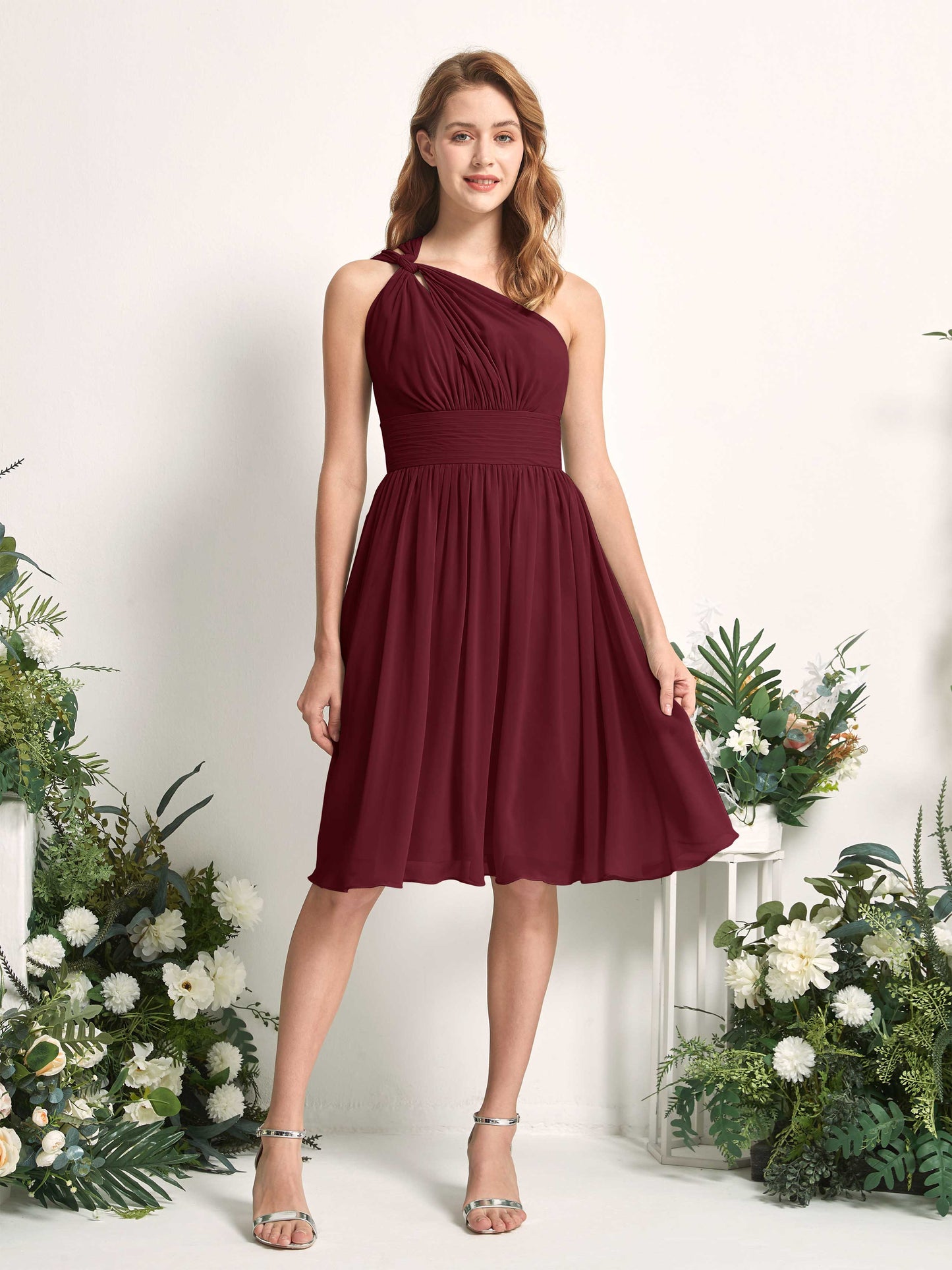 Echo Burgundy One Shoulder Midi Dress