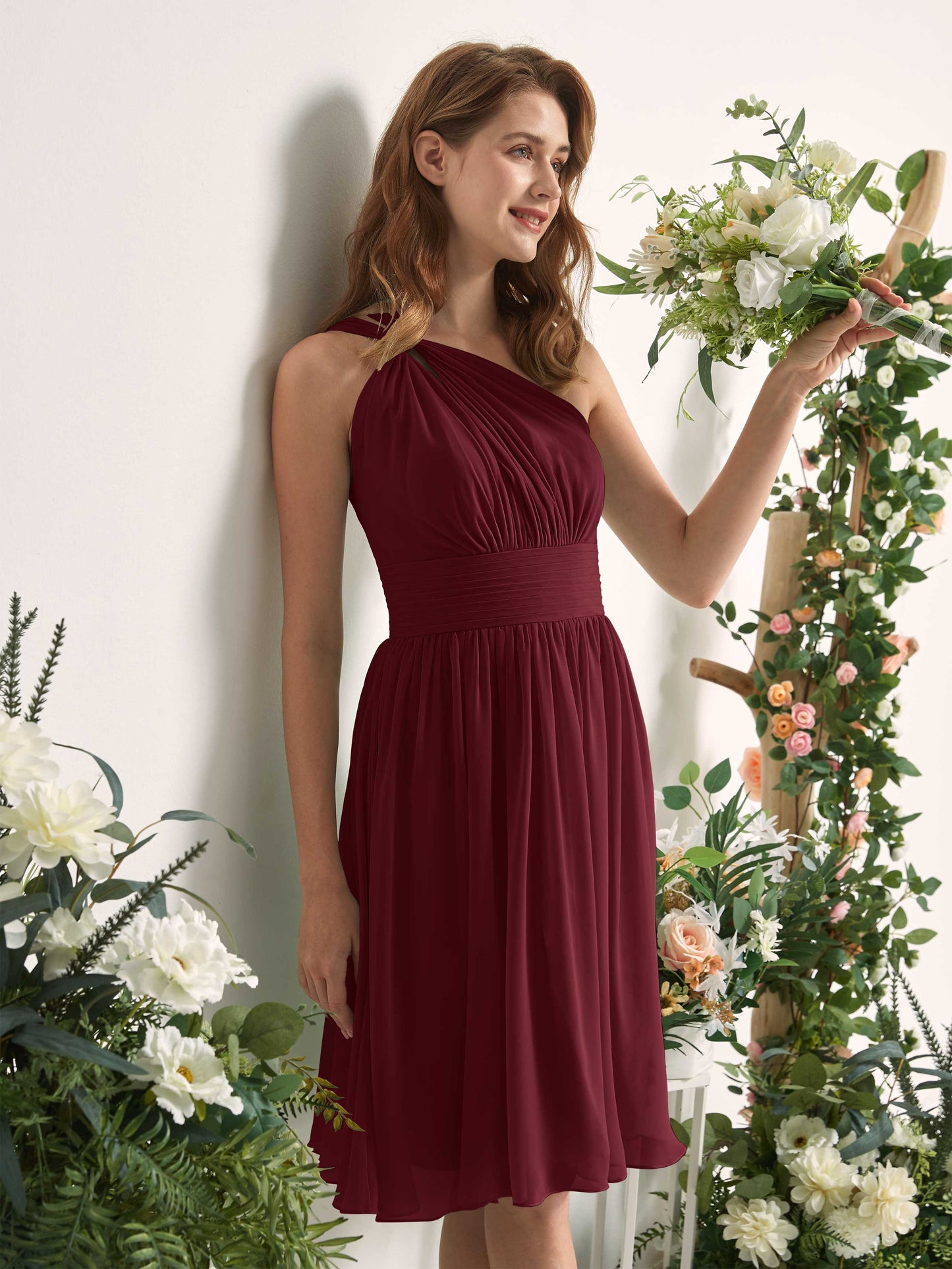 Echo Burgundy One Shoulder Midi Dress