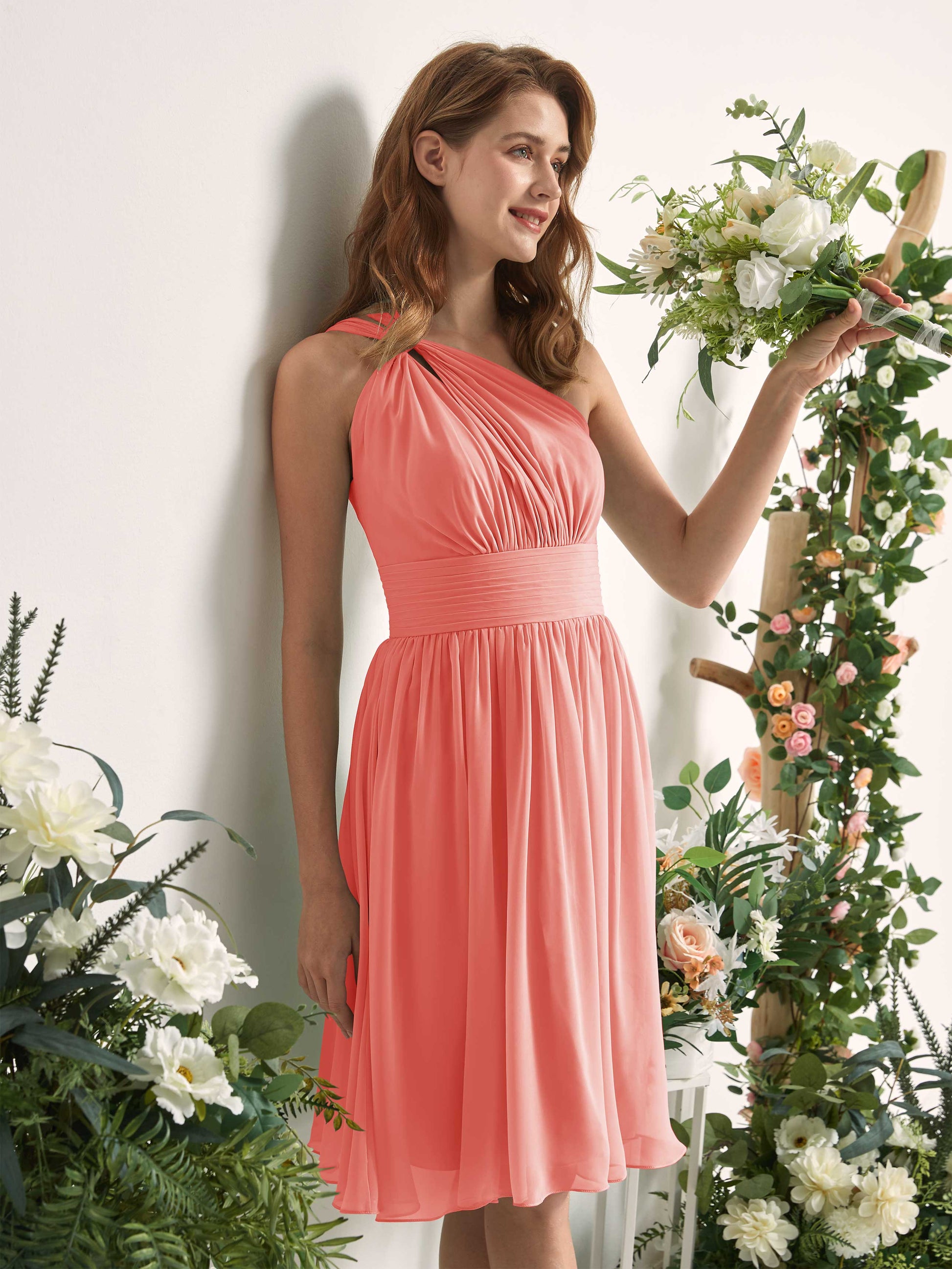 Echo Peach Pink One Shoulder Midi Dress